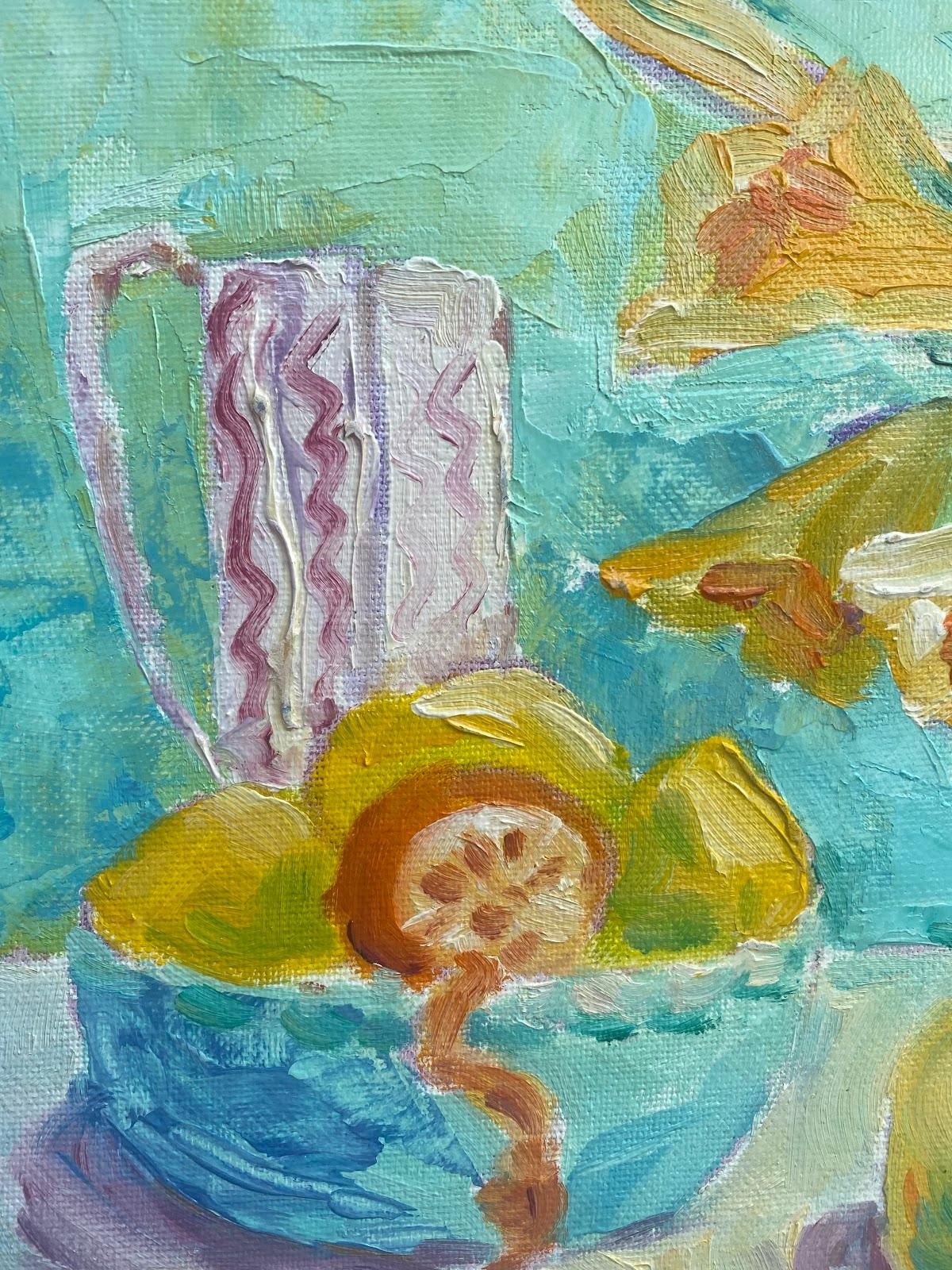 Peinture à l'huile impressionniste française - Nature morte de fleurs, de fruits et de cruches - Impressionnisme abstrait Painting par Maggy Clarysse