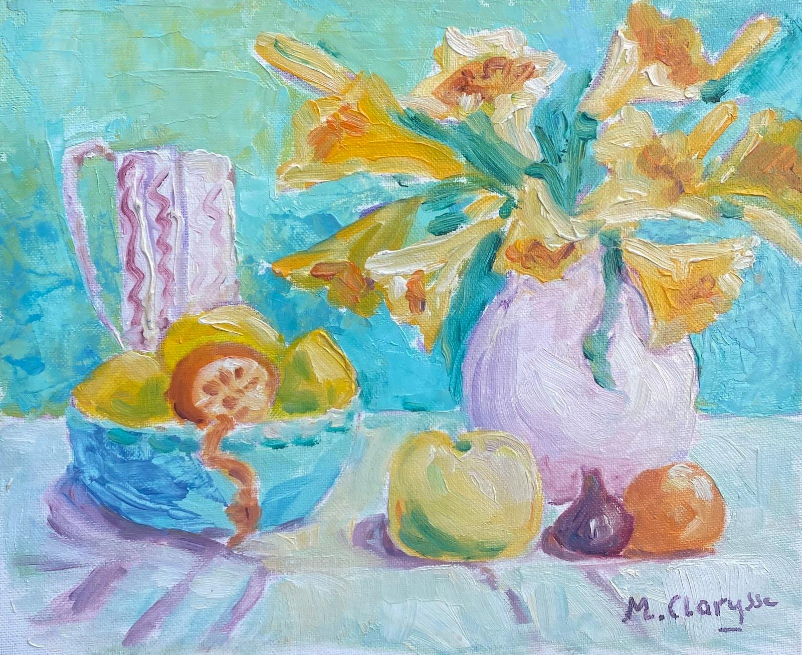 Landscape Painting di Maggy Clarysse - Pittura a olio impressionista francese Fiori, frutta e brocca Natura morta