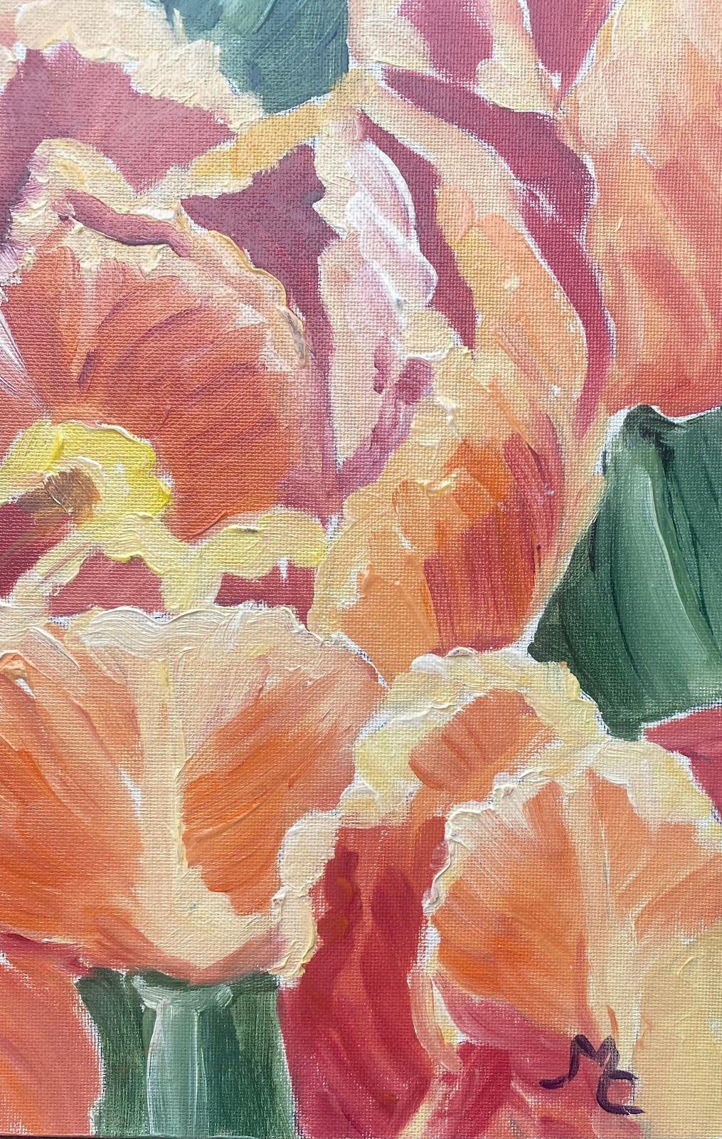 Quadro a olio impressionista francese Tulipani arancioni e rosa - Painting di Maggy Clarysse
