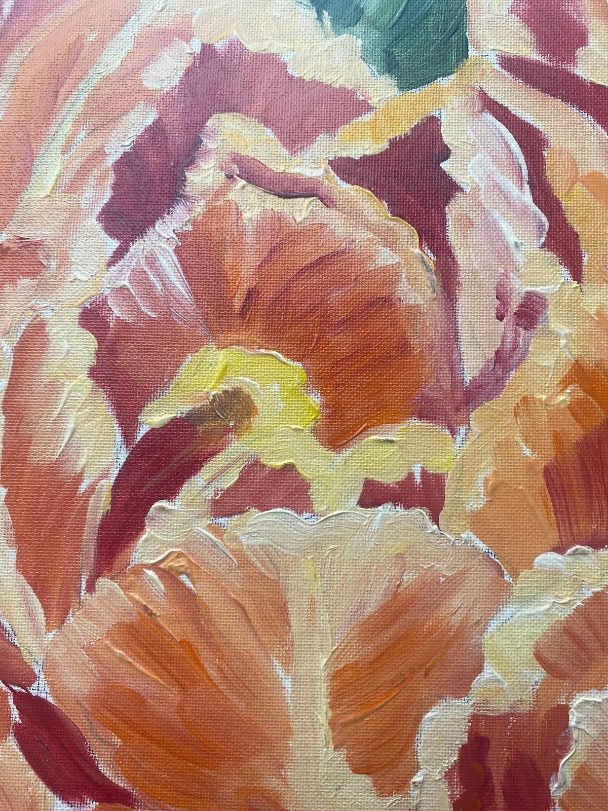 Quadro a olio impressionista francese Tulipani arancioni e rosa - Painting Impressionismo astratto di Maggy Clarysse