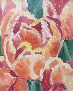 Quadro a olio impressionista francese Tulipani arancioni e rosa