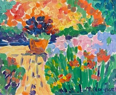 French Impressionist Oil Painting Potted Plant and Bright Garden