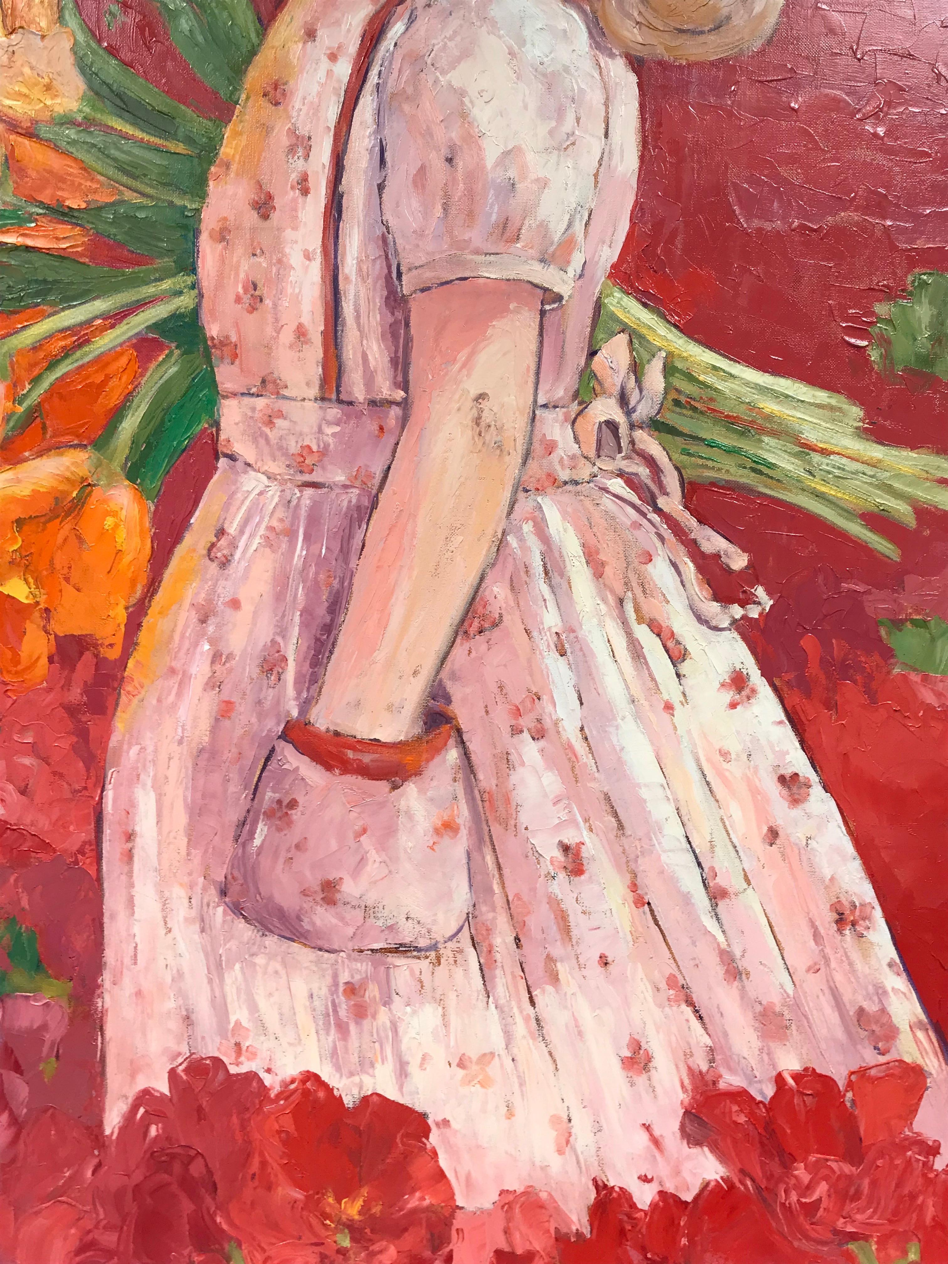 Grande peinture à l'huile impressionniste française lumineuse et colorée Fille dans un pré fleuri - Painting de Maggy Clarysse