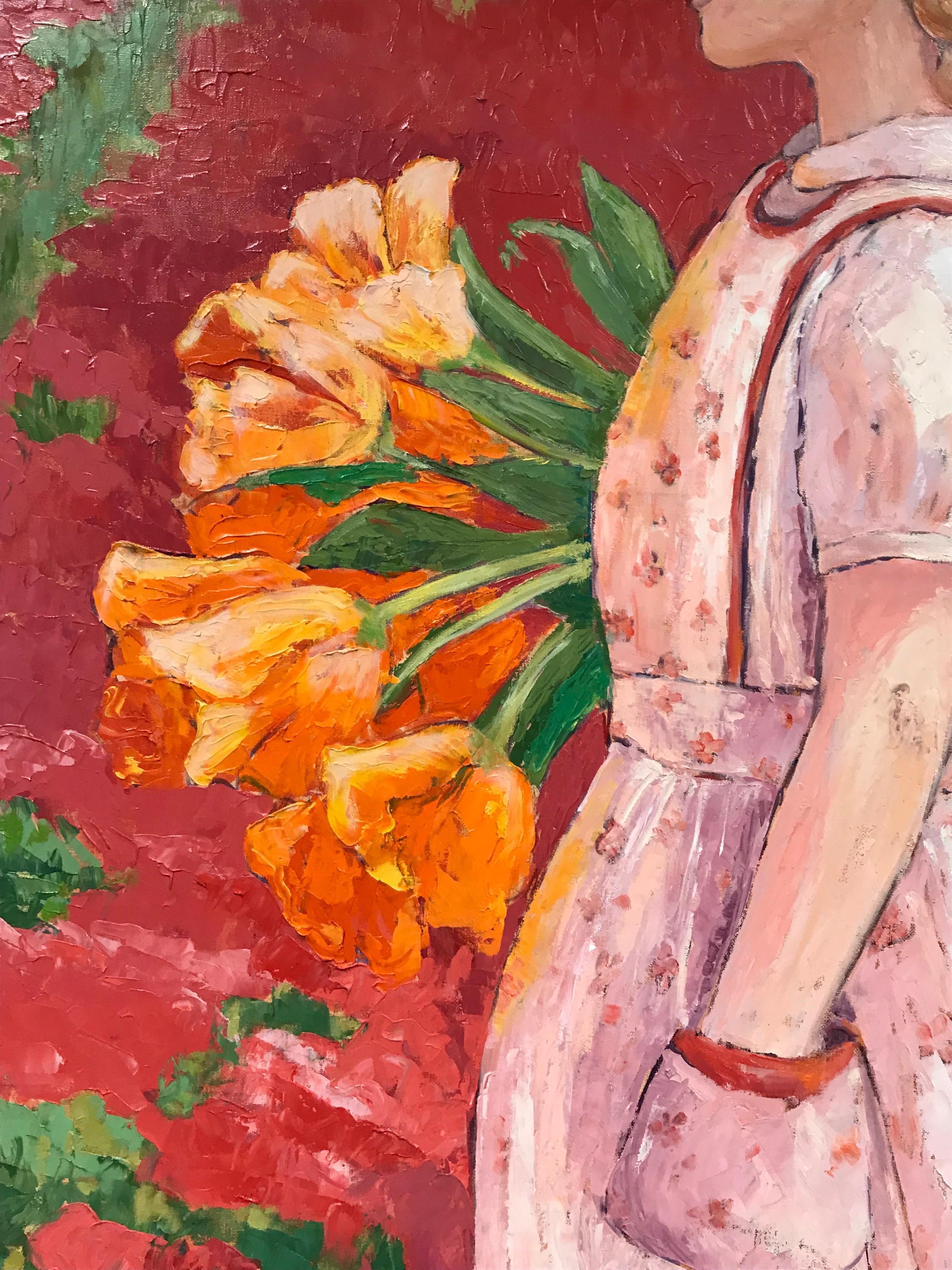 Grande peinture à l'huile impressionniste française lumineuse et colorée Fille dans un pré fleuri - Impressionnisme Painting par Maggy Clarysse