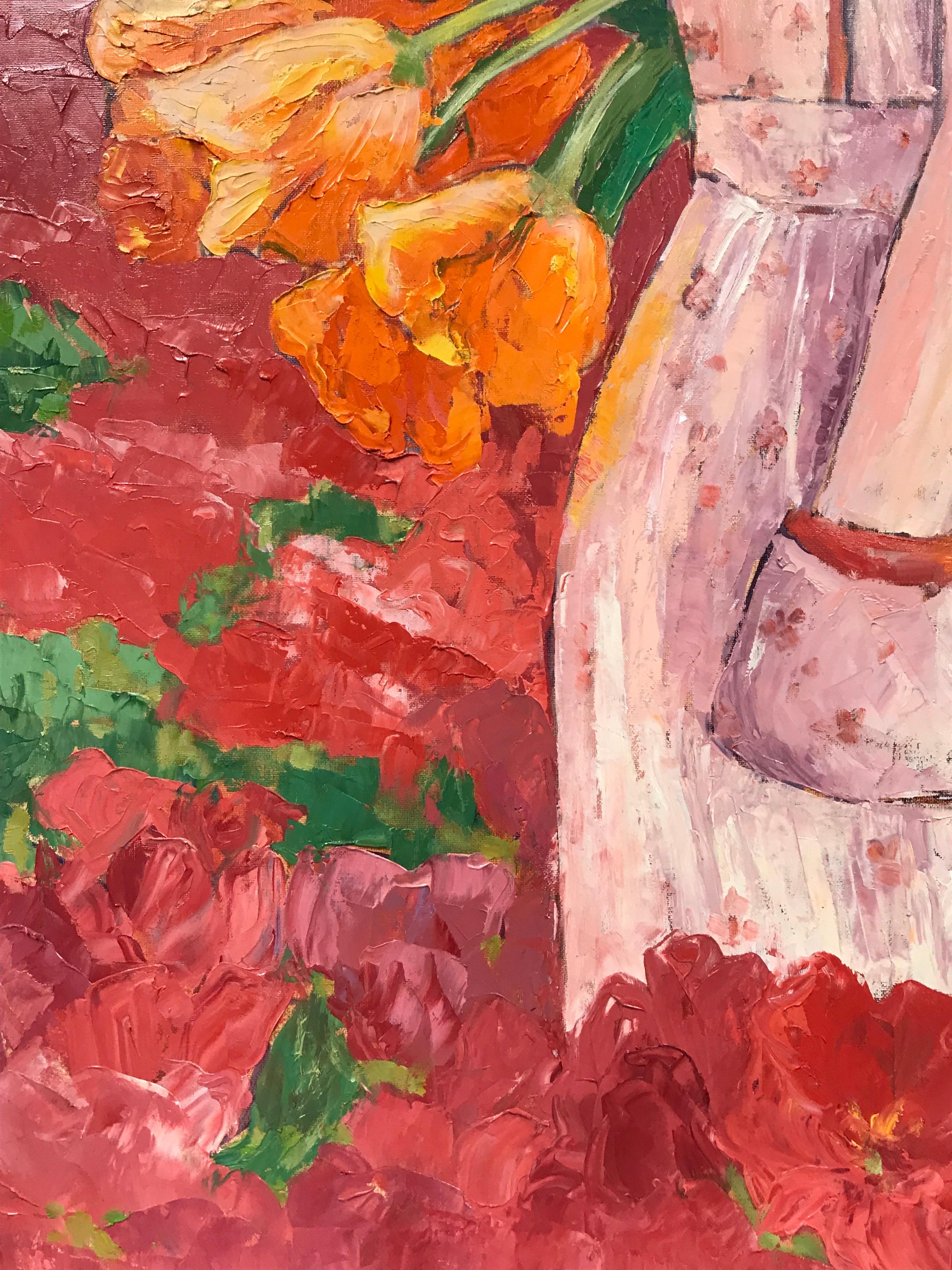 Grande peinture à l'huile impressionniste française lumineuse et colorée Fille dans un pré fleuri - Rose Landscape Painting par Maggy Clarysse