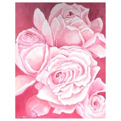 Huge Bright & Colorful French Impressionist Oil Painting - Pink White Roses
