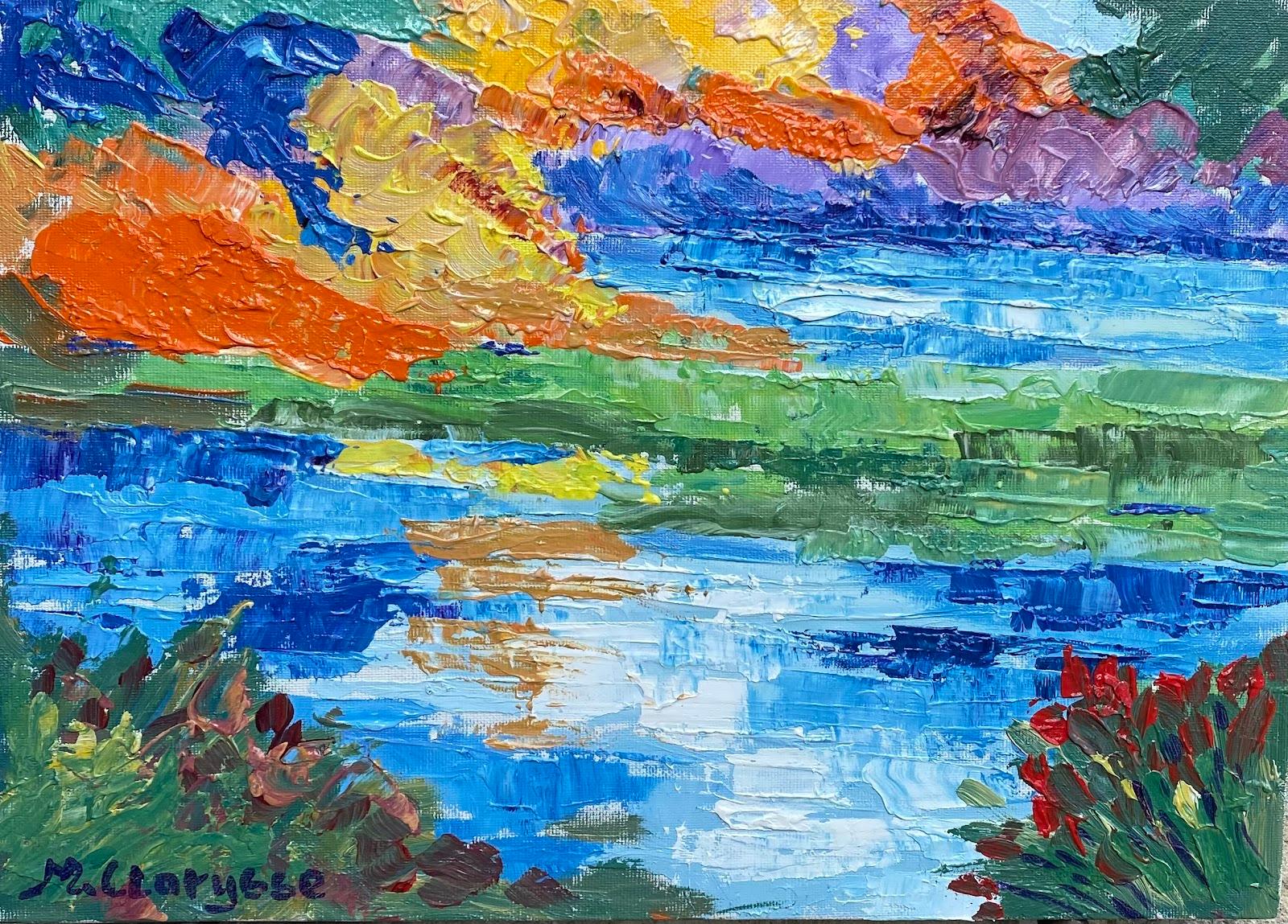 Maggy Clarysse Abstract Painting - Impressionst Oil Painting French Painting Sunset Over Lake