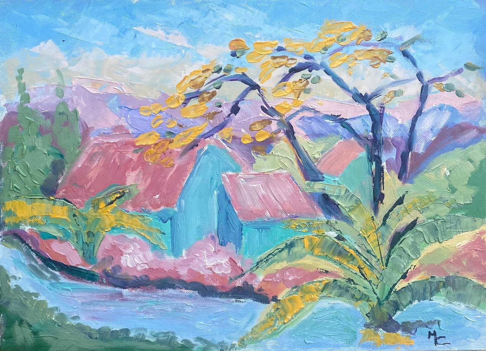 Abstract Painting Maggy Clarysse - Peinture à l'huile impressionniste - Paysage de village français