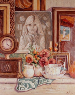 Maggy Clarysse (1931-2011) - Huile, nature morte avec fleurs et portraits peints