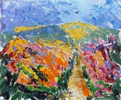 Peinture à l'huile impressionniste française multicolore représentant un chemin et un paysage de montagne