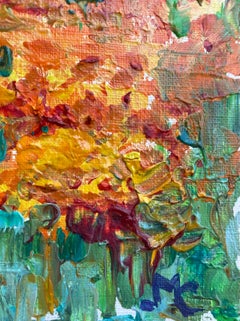 Multicolor French Impressionist Oil Painting Orange Meadow Alongside River Bank