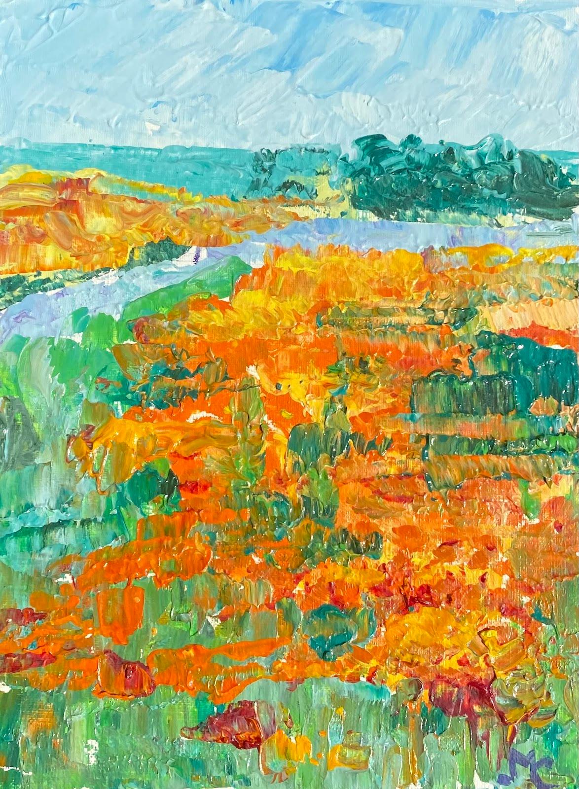 Maggy Clarysse Landscape Painting - Multicolor French Impressionist Oil Painting Orange Meadow Alongside River Bank