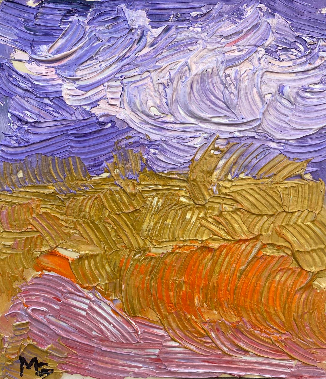 Mehrfarbiges französisches impressionistisches Ölgemälde, lila Himmel, abstrakt
