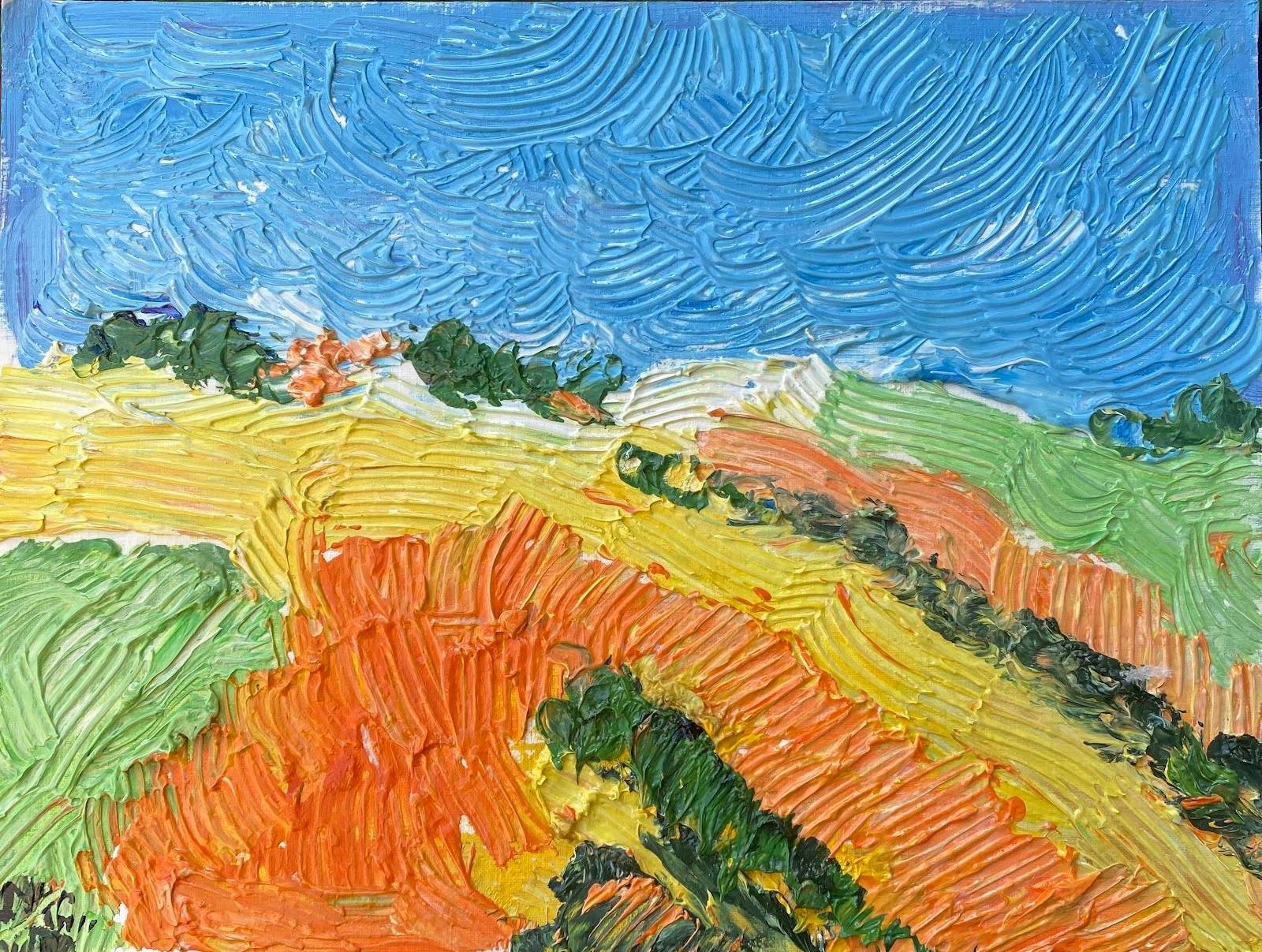 Maggy Clarysse Landscape Painting - Multicoloured French Impressionist Oil Painting impasto fields