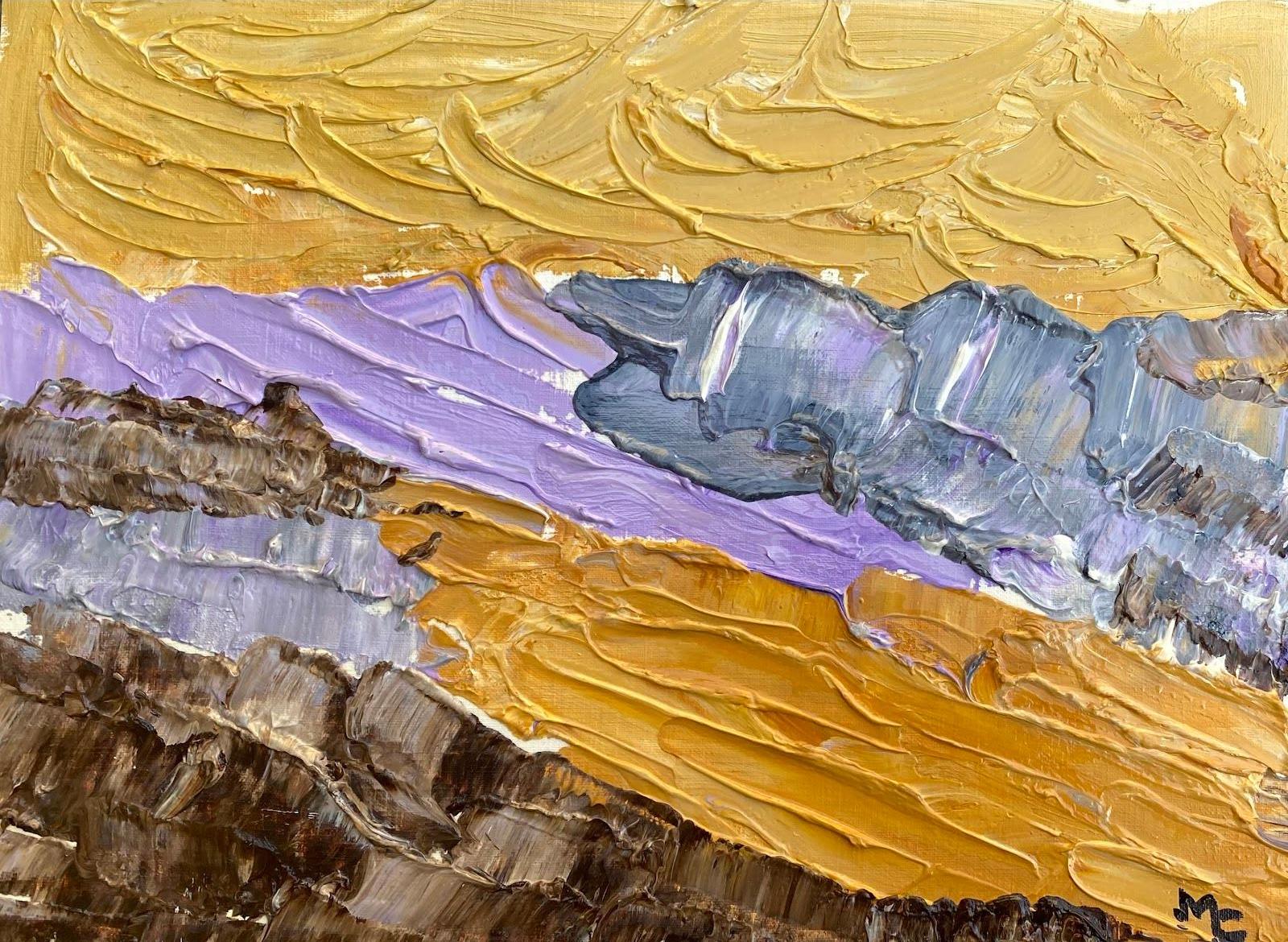 Landscape Painting de Maggy Clarysse - Colores apagados Pintura al óleo impresionista francesa Paisaje dorado y morado