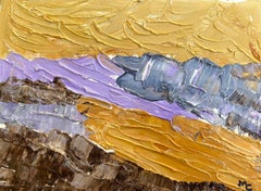 Peinture à l'huile impressionniste française aux couleurs sourdes - Paysage doré et violet