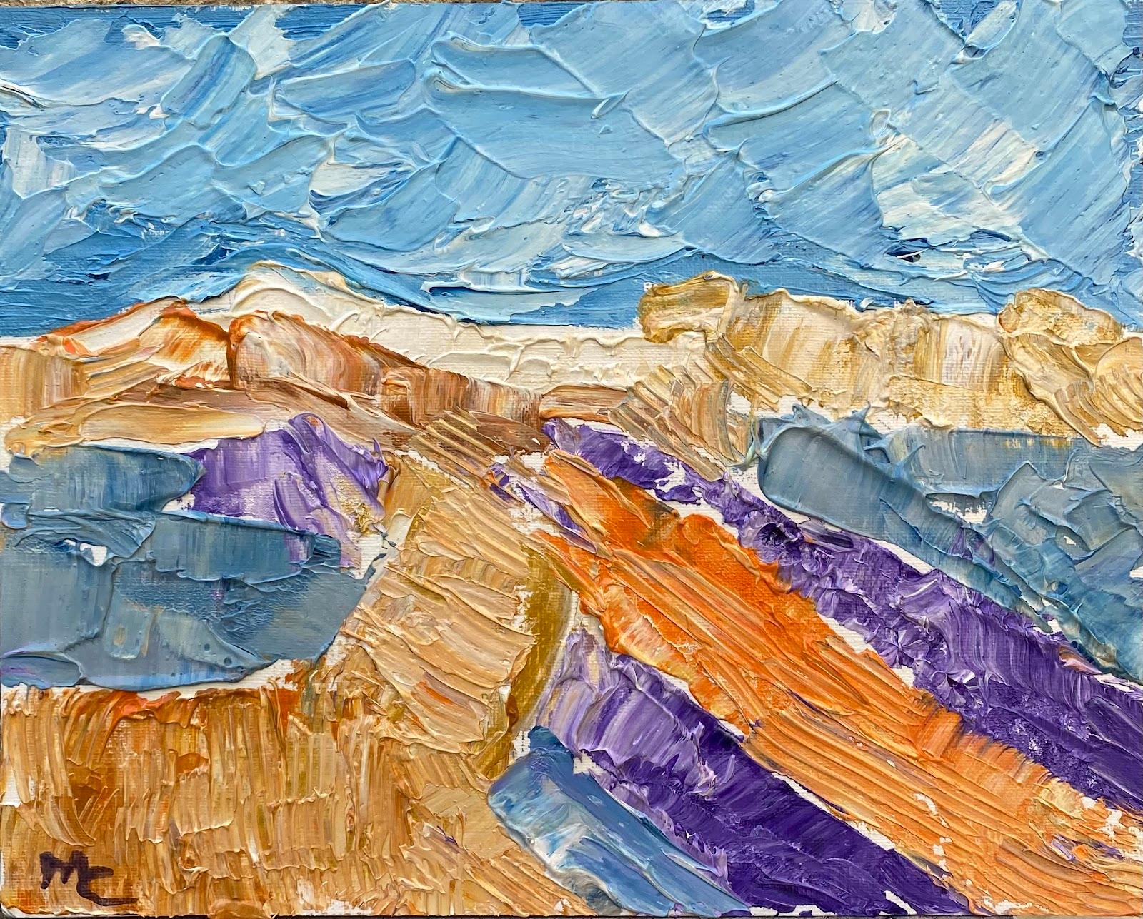 Maggy Clarysse Abstract Painting - Pastel French Impressionist Oil Painting Blue Mountainscape 