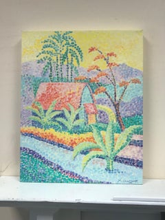 Pointillist Oil Painting Sunny Landscape Palm Trees and Houses original oil