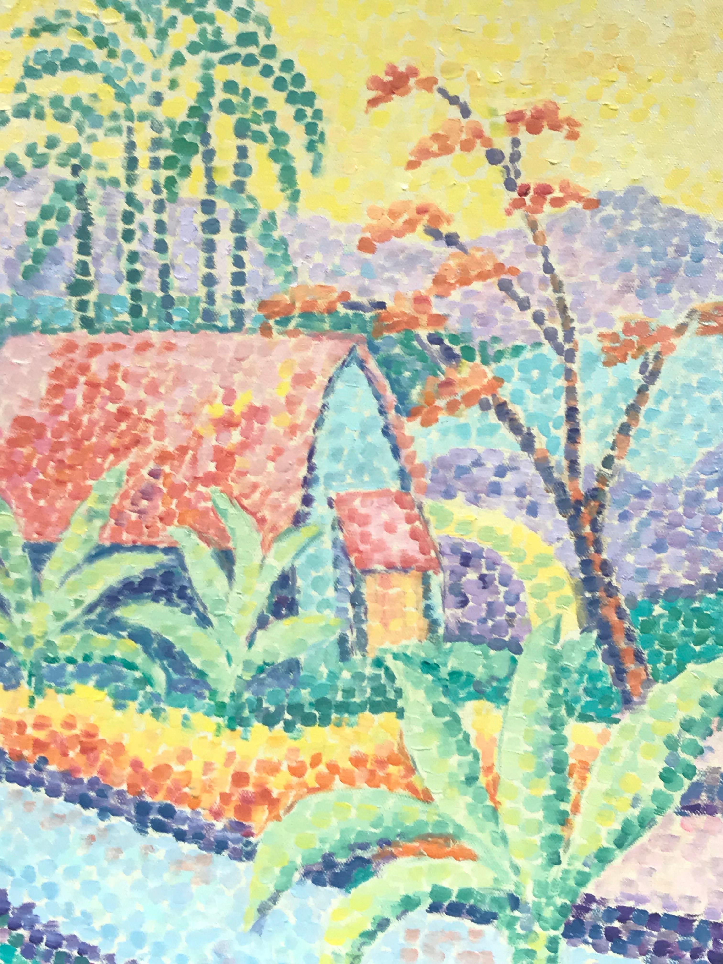 Peinture à l'huile originale de style pointilliste - Paysage ensoleillé - Palmiers et maisons - Impressionnisme Painting par Maggy Clarysse