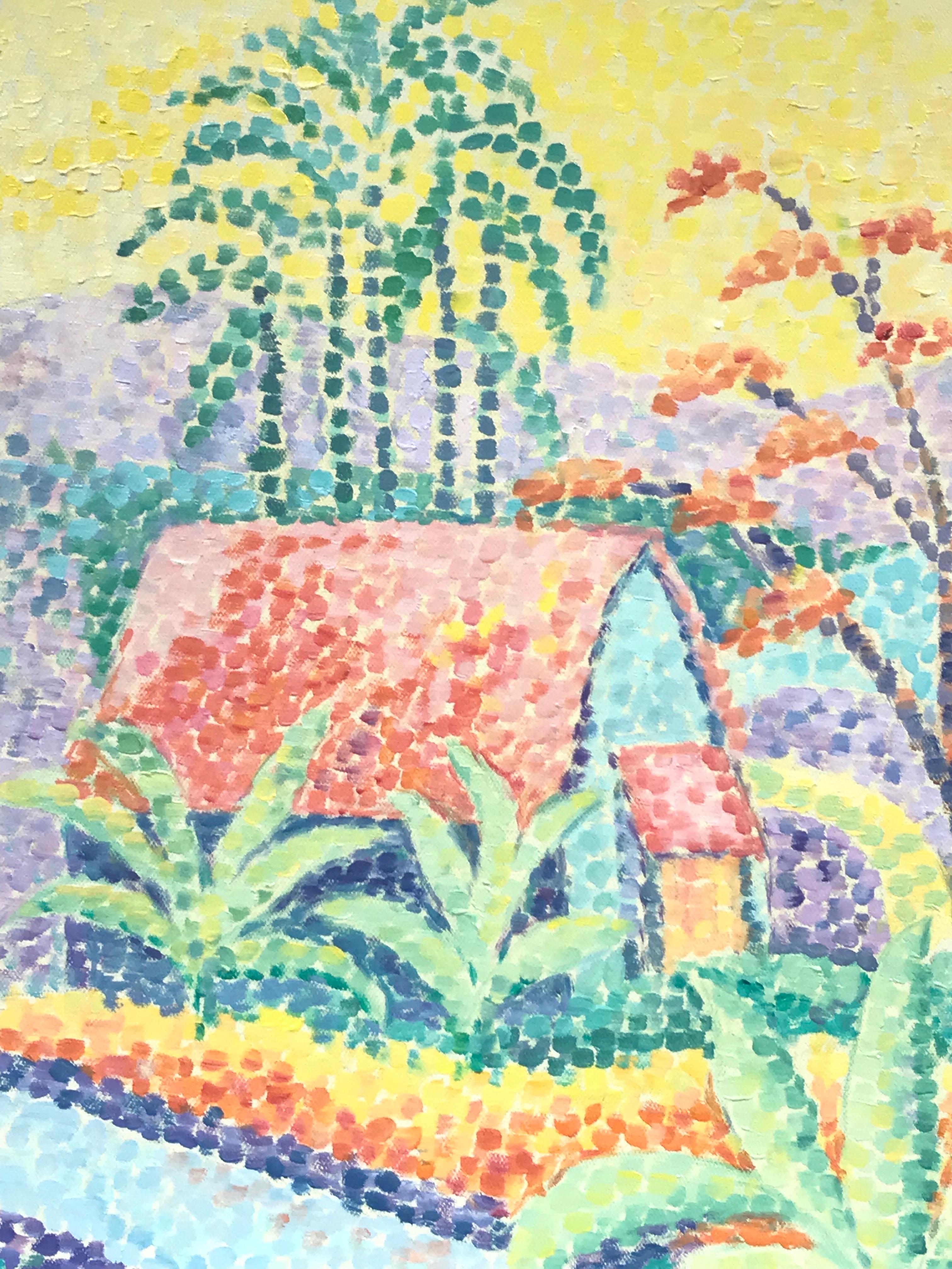 Peinture à l'huile originale de style pointilliste - Paysage ensoleillé - Palmiers et maisons - Gris Landscape Painting par Maggy Clarysse