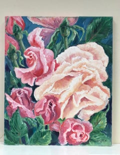 Profusión de Rosas Rosa y Crema, Brillante y Colorido Óleo Impresionista Francés