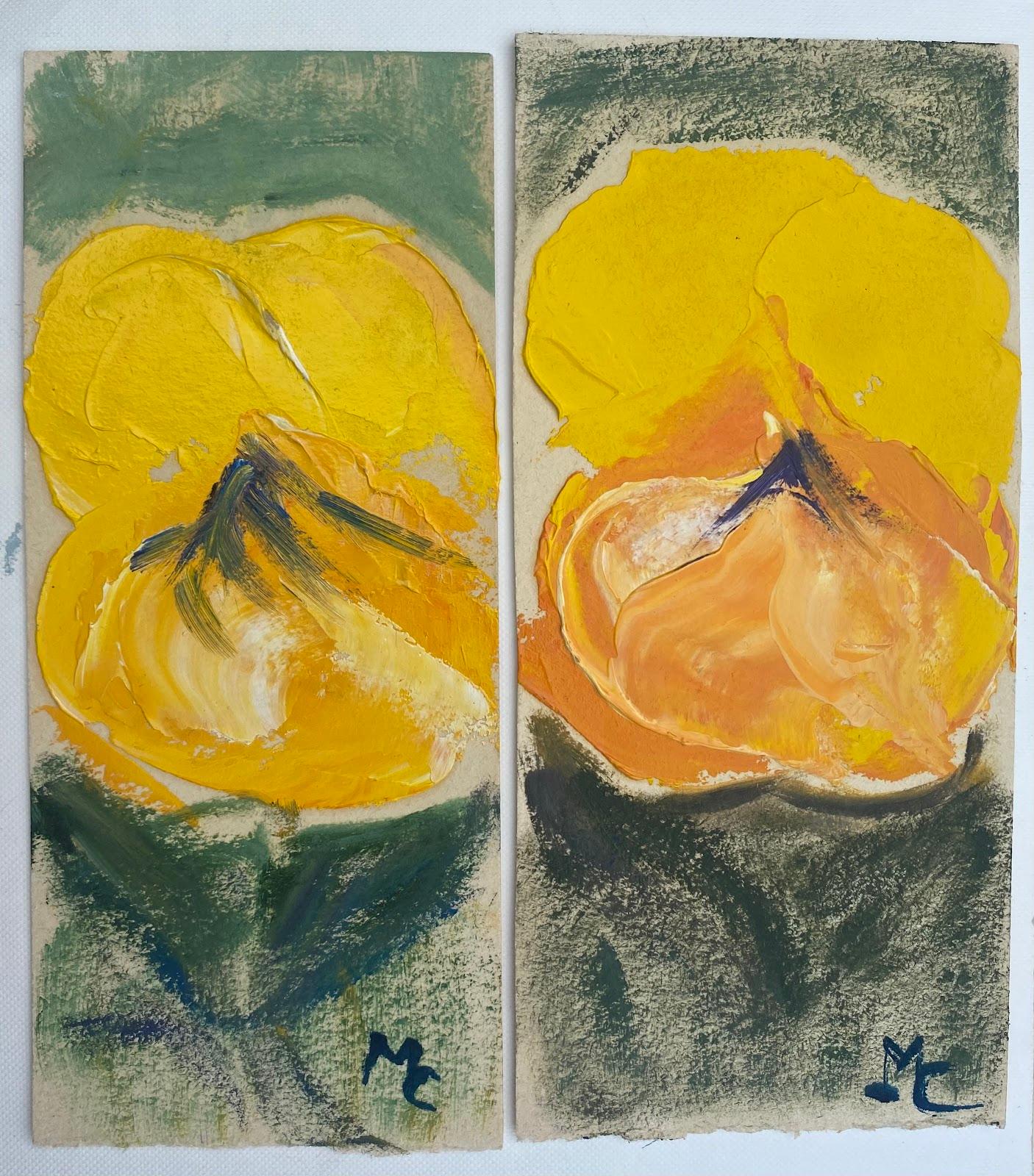 Maggy Clarysse Abstract Painting - Set Of Colorful French Landscape Impressionist Oil Paintings Yellow Pansies 
