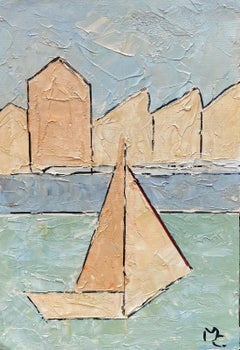 Vintage Soft Moody Colors Cubist Oil Painting Sailing Boat in Blue Harbor