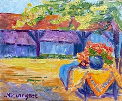 Vintage Vibrant French Impressionist Oil Painting Summer Picnic Table 