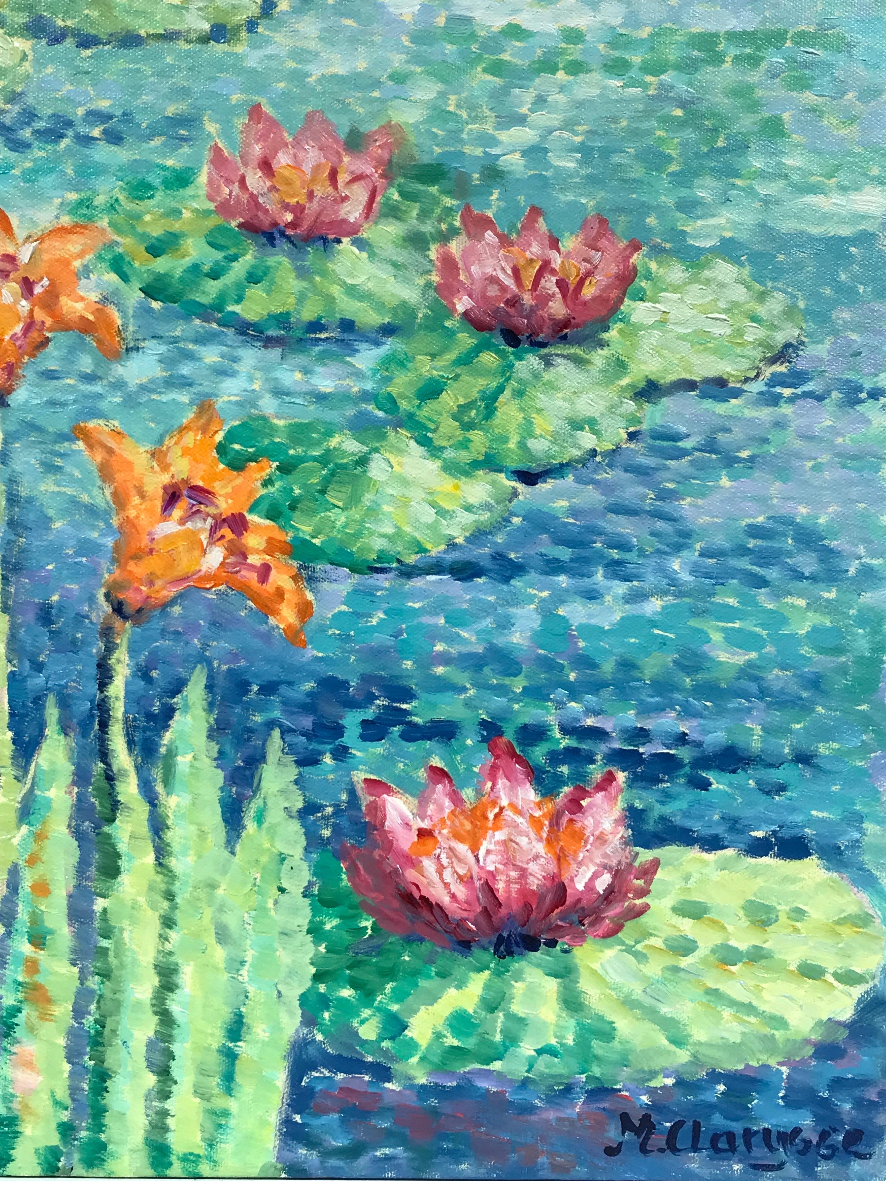 Aquarelle - Peinture à l'huile pointilliste brillante et colorée d'un étang - Impressionnisme Painting par Maggy Clarysse