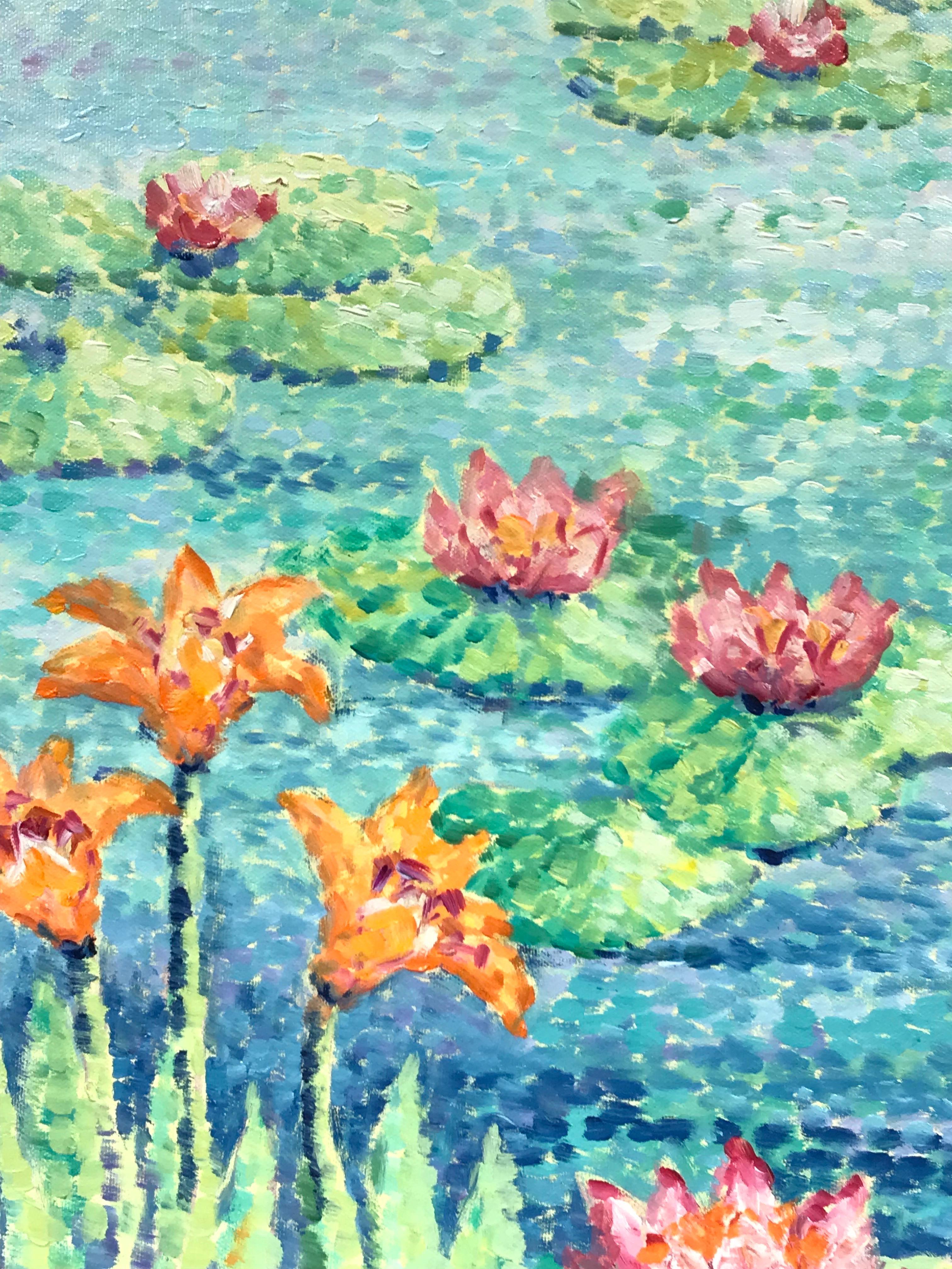 Aquarelle - Peinture à l'huile pointilliste brillante et colorée d'un étang - Bleu Landscape Painting par Maggy Clarysse