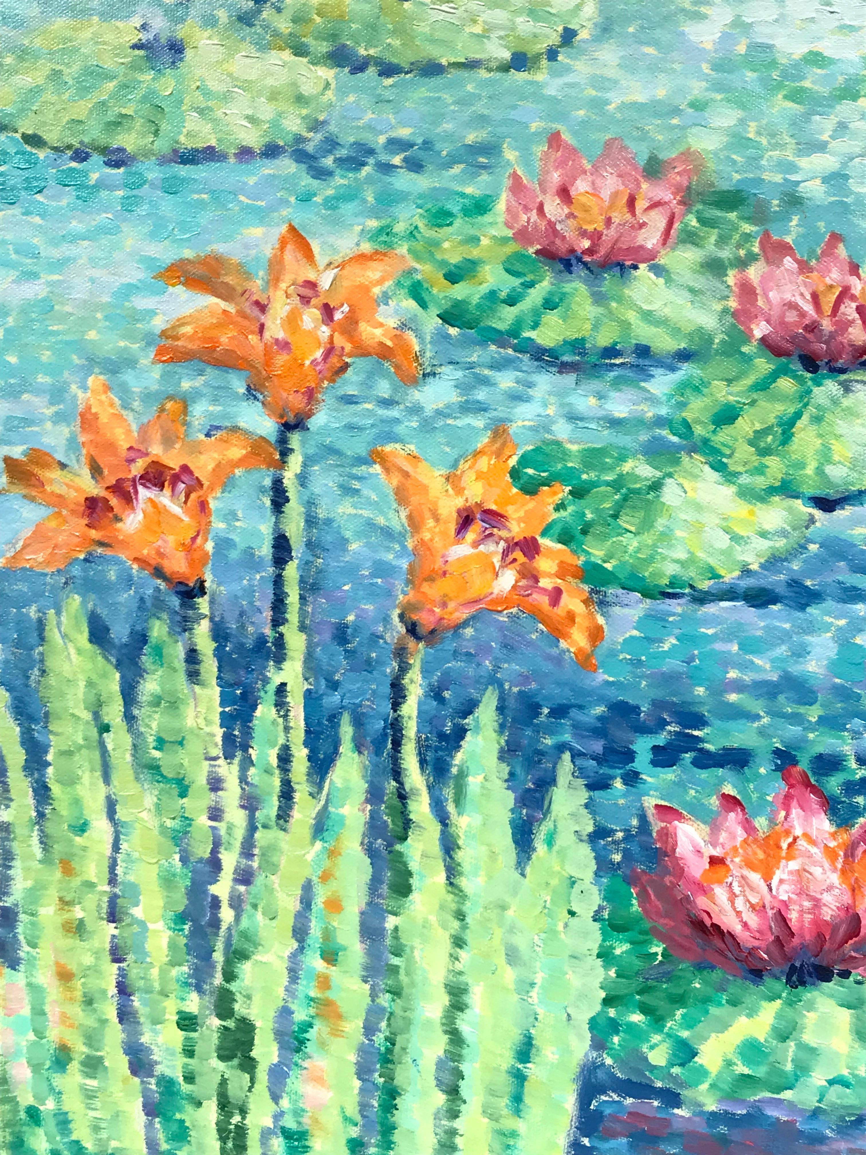 Waterlily Pond Bright & Colorful Pointillist Oil Painting - Blue Landscape Painting by Maggy Clarysse