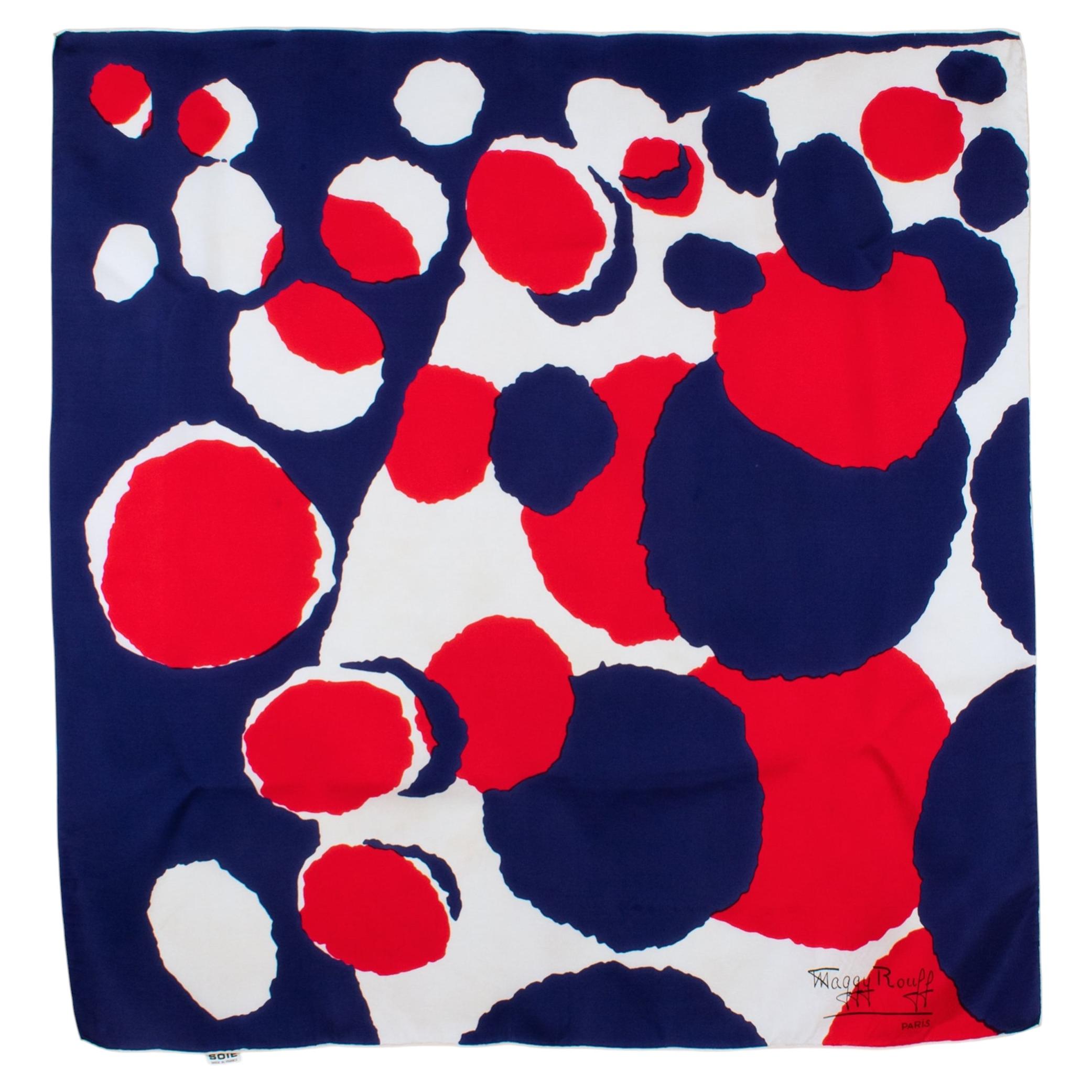 Sciarpa di seta Maggy Rouff Paris con stampa astratta blu e rossa