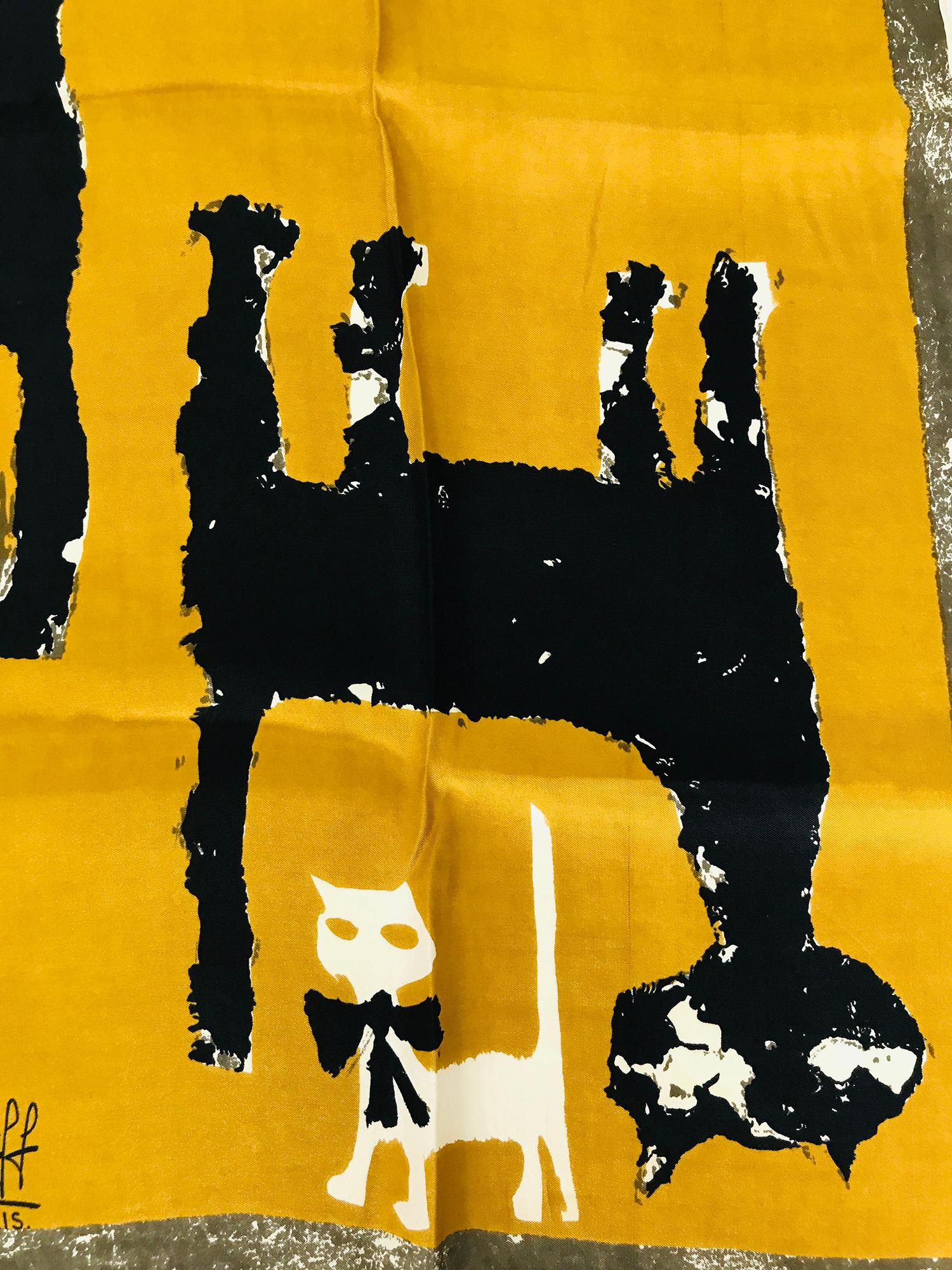 Orange Maggy Rouff The Cats of Paris Silk Scarf in Gold & Black 1960s Art to Frame