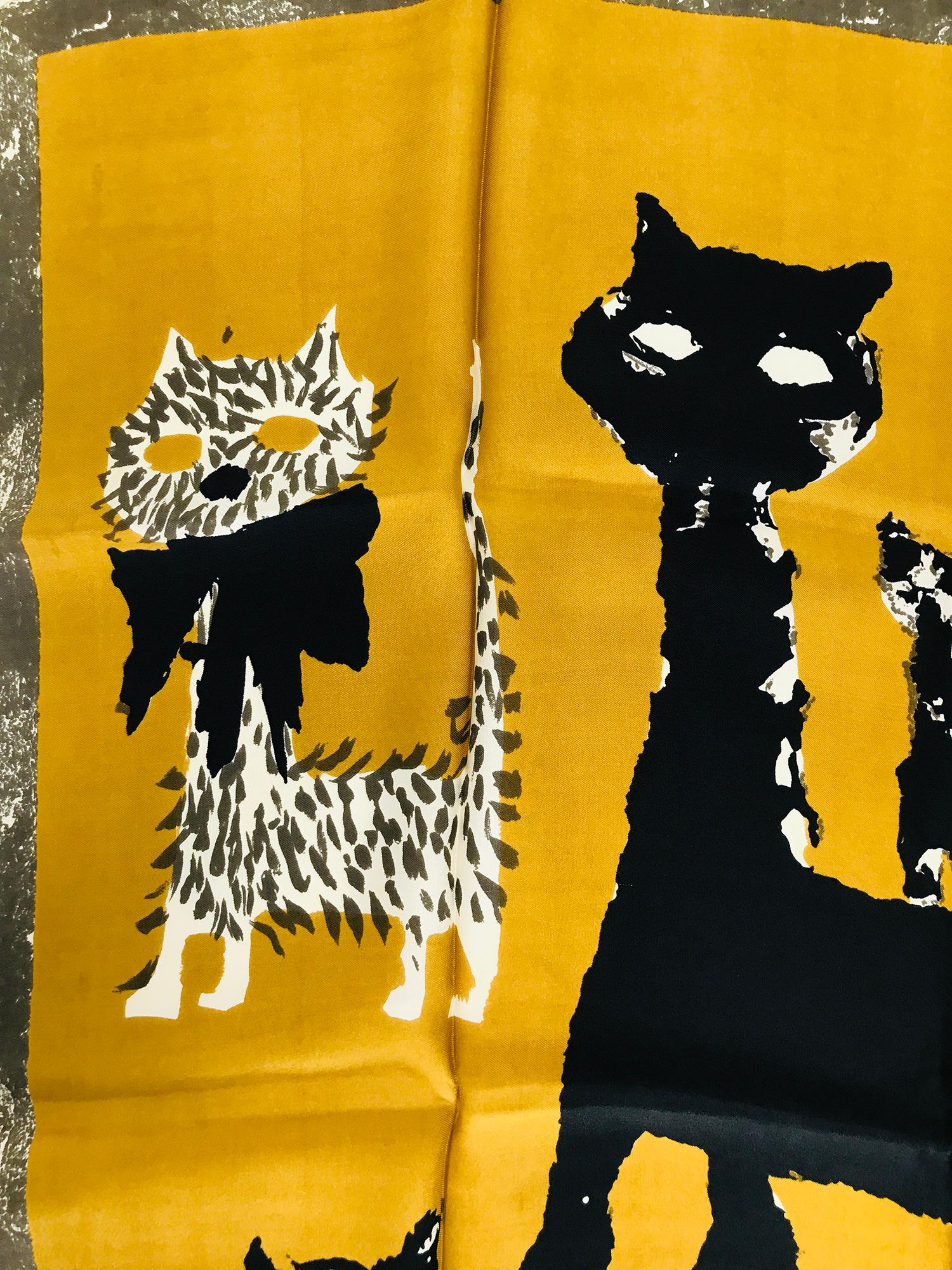 Maggy Rouff The Cats of Paris Silk Scarf in Gold & Black 1960s Art to Frame In Good Condition In West Palm Beach, FL