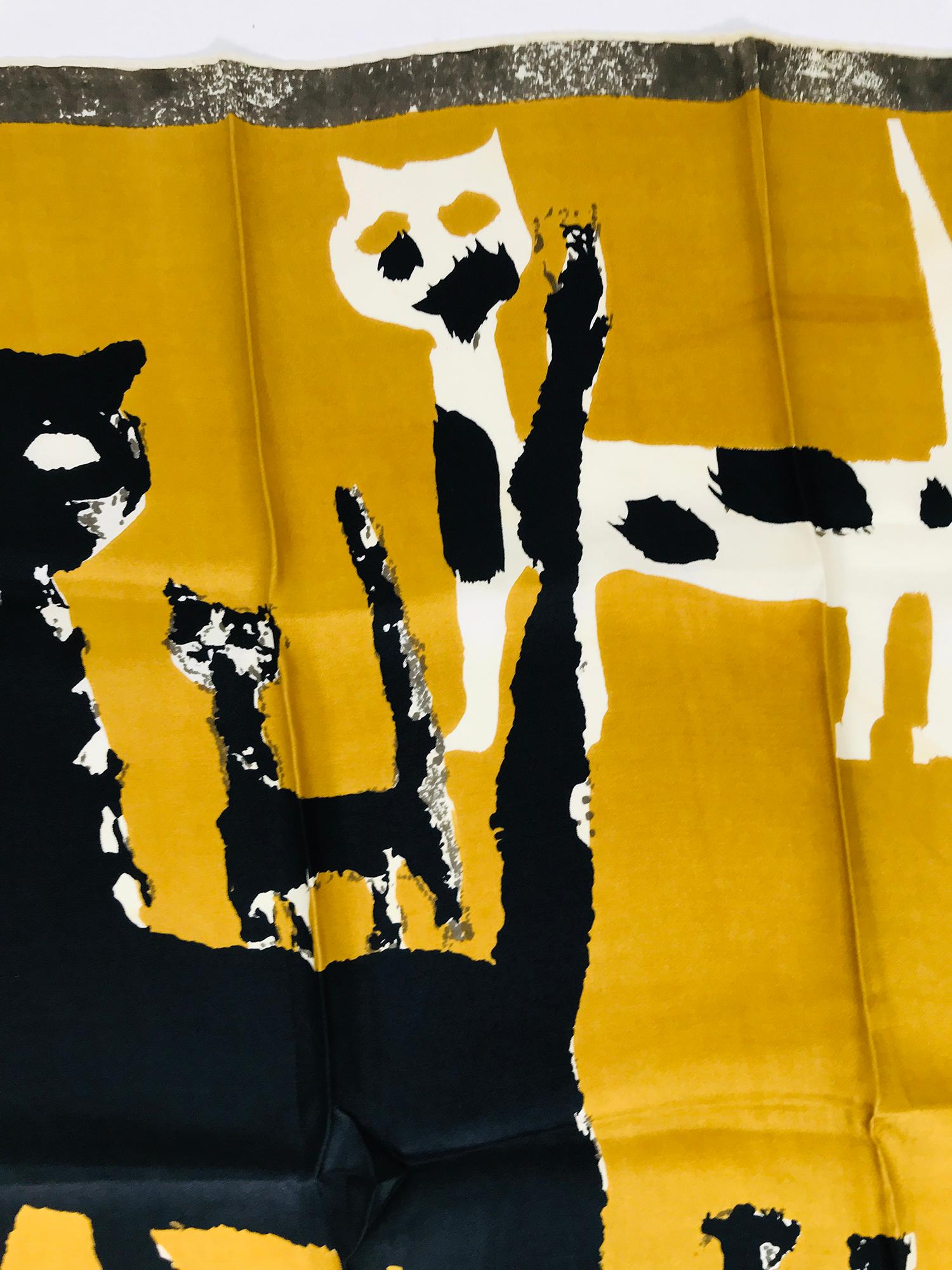Women's or Men's Maggy Rouff The Cats of Paris Silk Scarf in Gold & Black 1960s Art to Frame