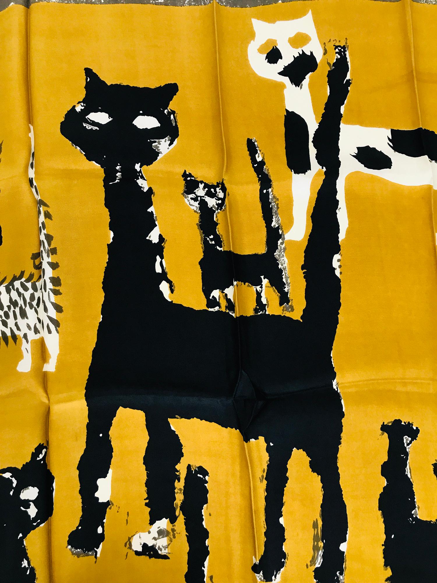 Maggy Rouff The Cats of Paris Silk Scarf in Gold & Black 1960s Art to Frame 1