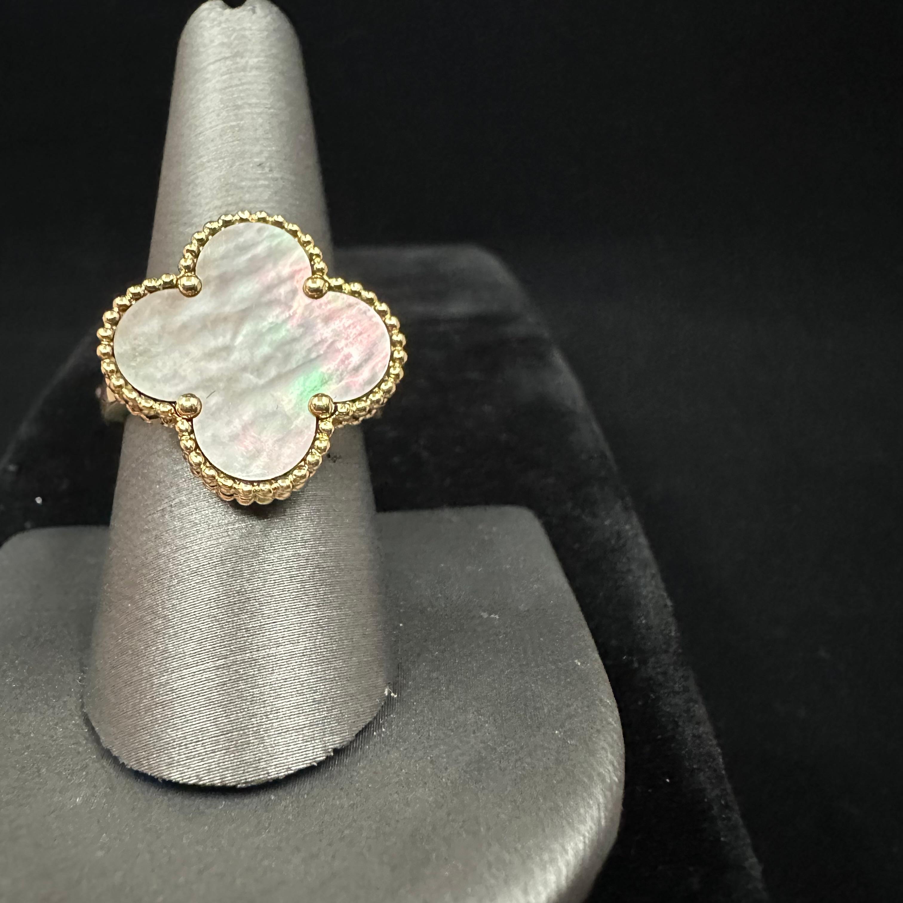 Magic Alhambra Gray Mother of Pearl 
size 58
Mother of Pearl is from French Polynesia.
20mm by 20 mm MOP top
18k Yellow Gold 
Signed and numbered jb335115 eagles head Hallmark and workshop Hallmark 

About The Fine MOP:
For white mother-of-pearl,