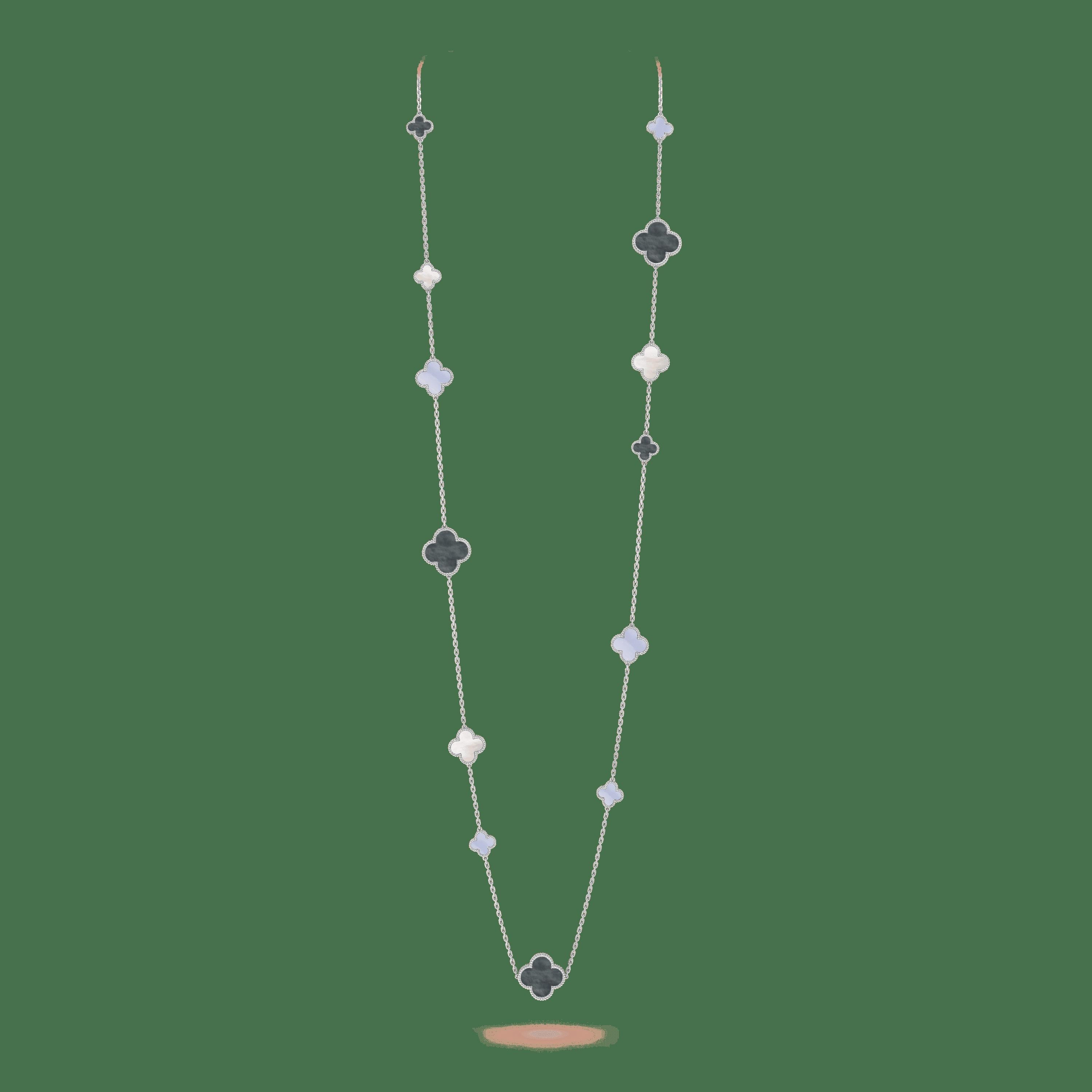 Magic Alhambra long Necklace, 16 motifs, white gold, white and grey mother-of-pearl, chalcedony. 
Chalcedony: 5 stones
Mother of Pearl : 11 stones