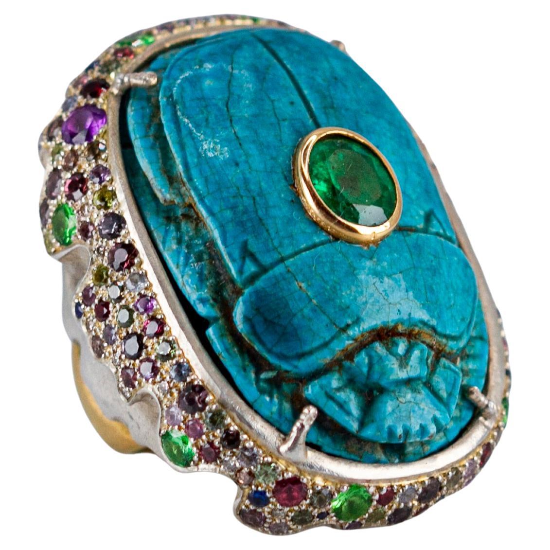 "Magic Beetle" Ring, Émerald, Earthenware, Multi-Gems Set in 18k Gold and Silver For Sale