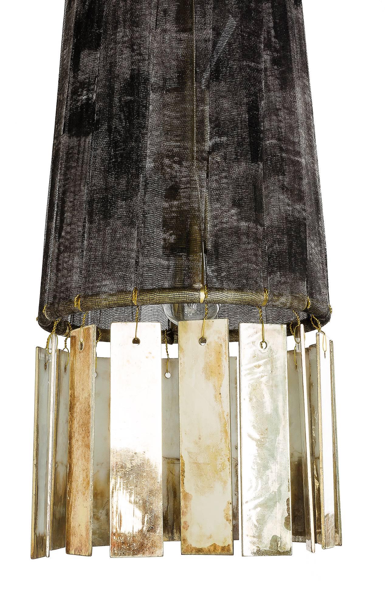 Italian Magic Contemporary Hanging Lamp, Black Hand-Painted Gauze, Double Silvered Glass