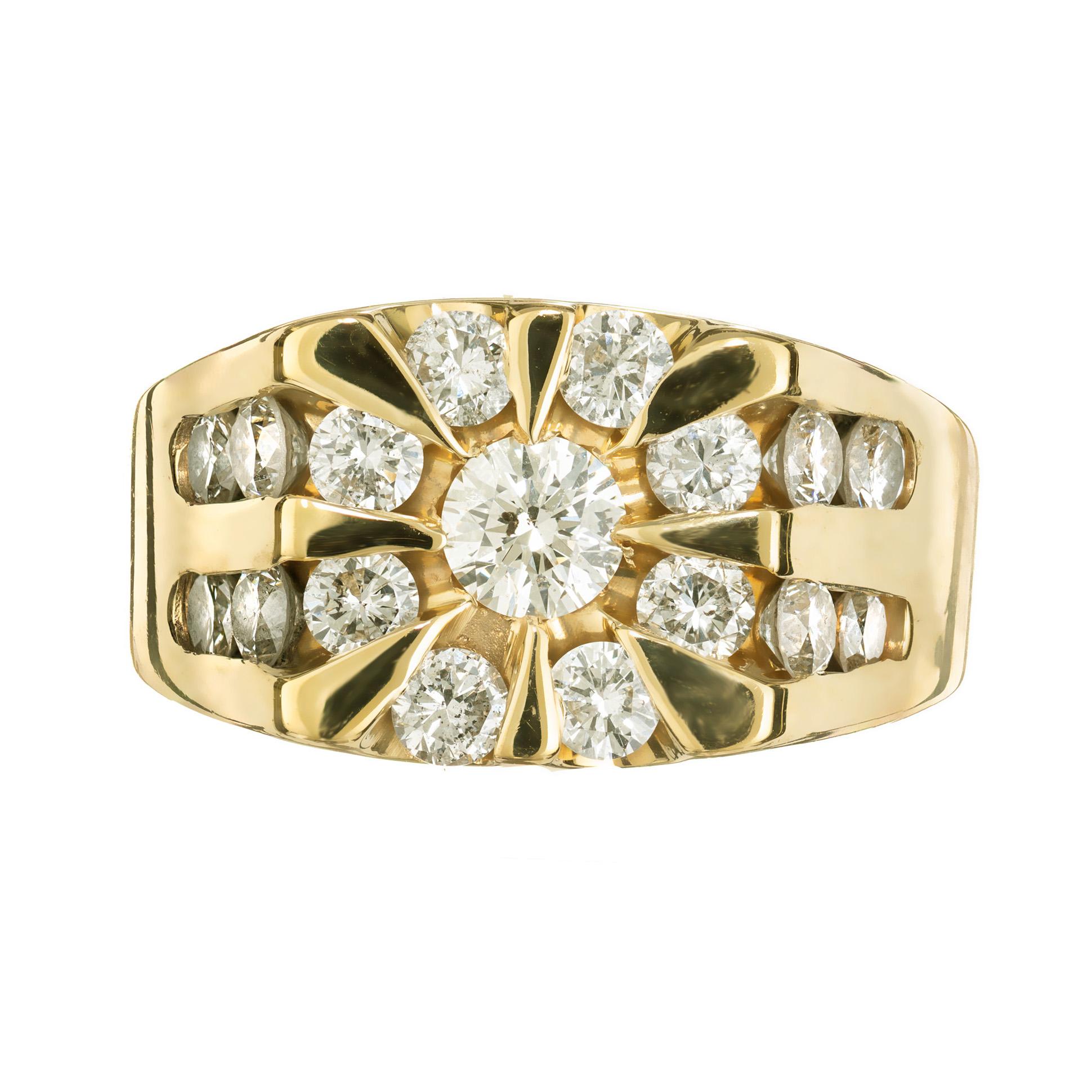 Bold and masculine Magic Glo men's square top diamond ring. 1 round brilliant cut center diamond set in a 14k yellow gold setting with 16 round brilliant cut accent diamonds in the form of a halo and 2 two rows on each side along the shank. 

1