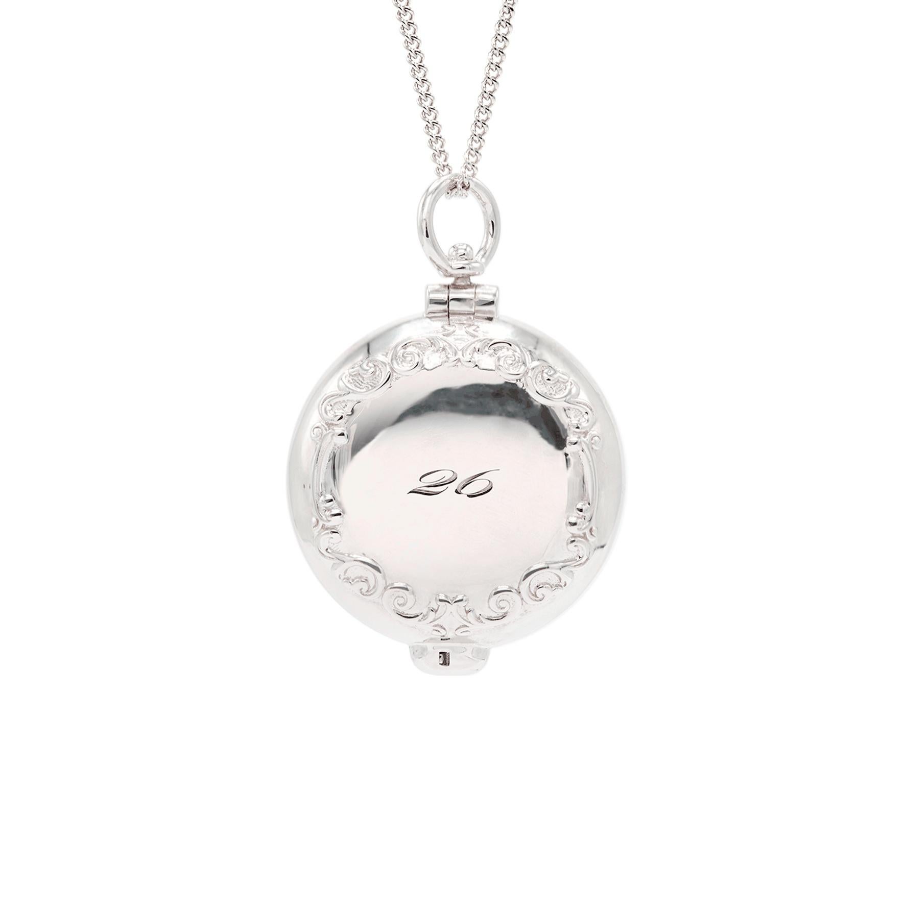 Our special pleasure collection for everyday wear, setting with round cubic zirconia and a petite mirror inside. You could check your make-up every send and stay sparkle!

Dimensions:
25mm x 25mm, chain 60cm            
Composition: 
Sterling Silver