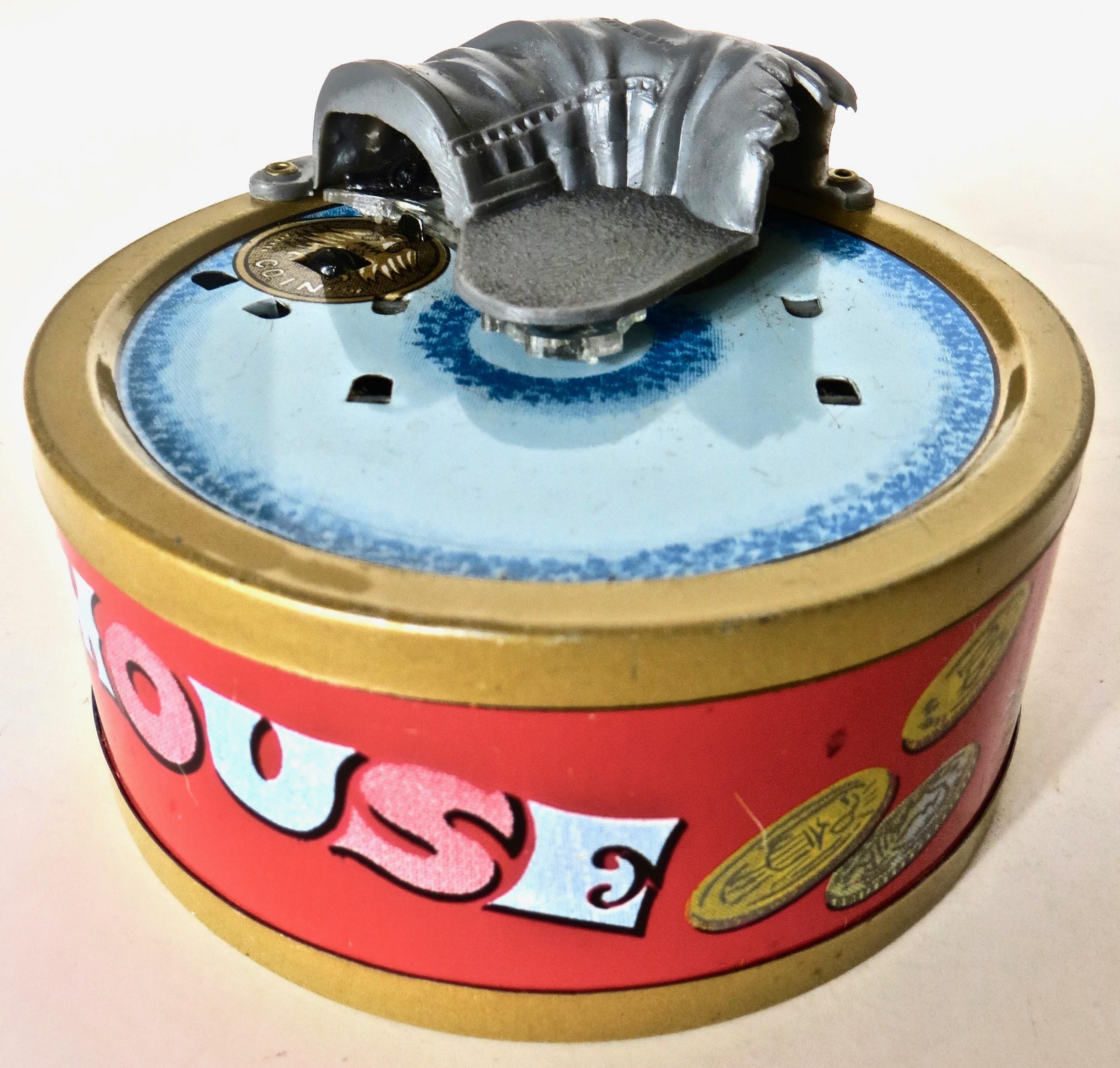 For the mechanical bank and toy enthusiast, listed is a tin, lithographed and painted, all original 1960s mechanical bank made by the Yone Company of Japan (see image of logo on side panel). The company was founded in 1950 and is typical of the post