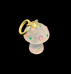 FLUORITE MUSHROOM PENDANT with EMERALDS, PINK TOURMALINE & 14K GOLD