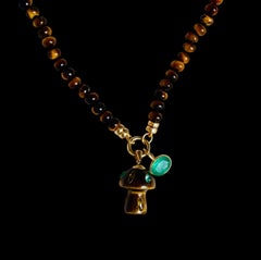 MAGIC MUSHROOM with TIGER'S EYE, EMERALDS, YELLOW SAPPHIRES & 14K GOLD