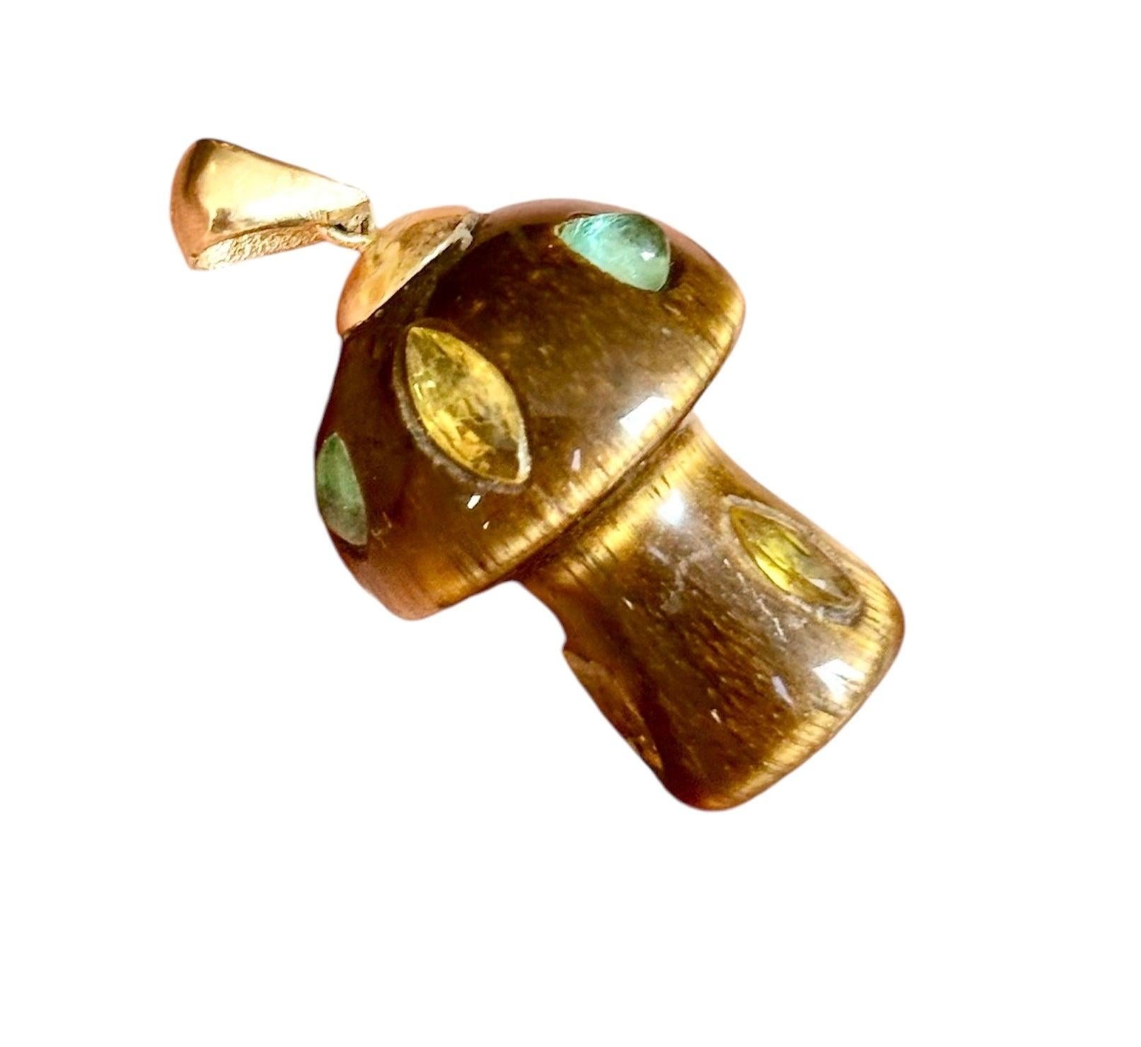 MAGIC MUSHROOM with TIGER
S EYE, EMERALDS, YELLOW SAPPHIRES 
14K GOLD