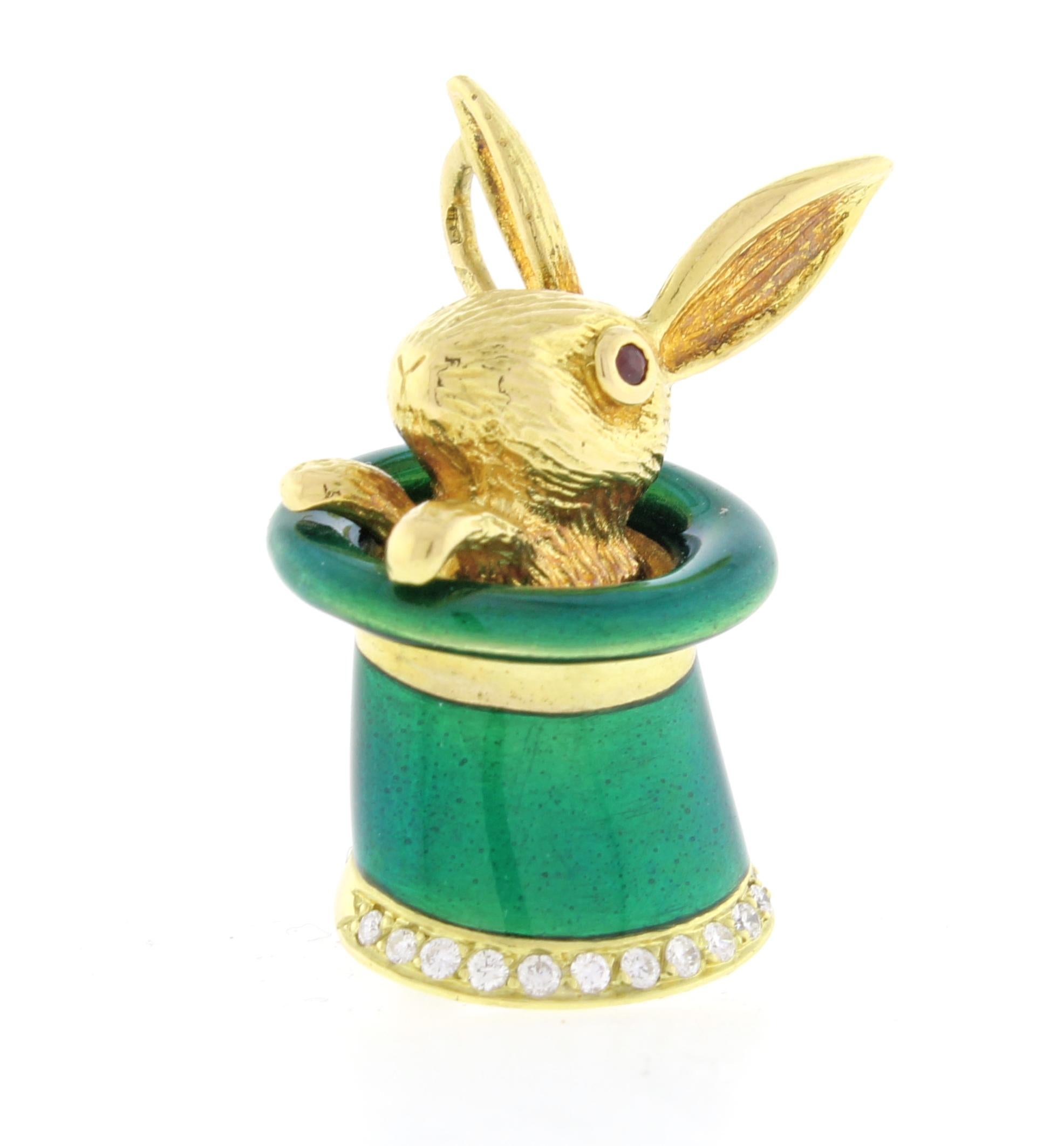 Magic Rabbit Hat, Enamel Gold and Diamond Pendant Brooch 1