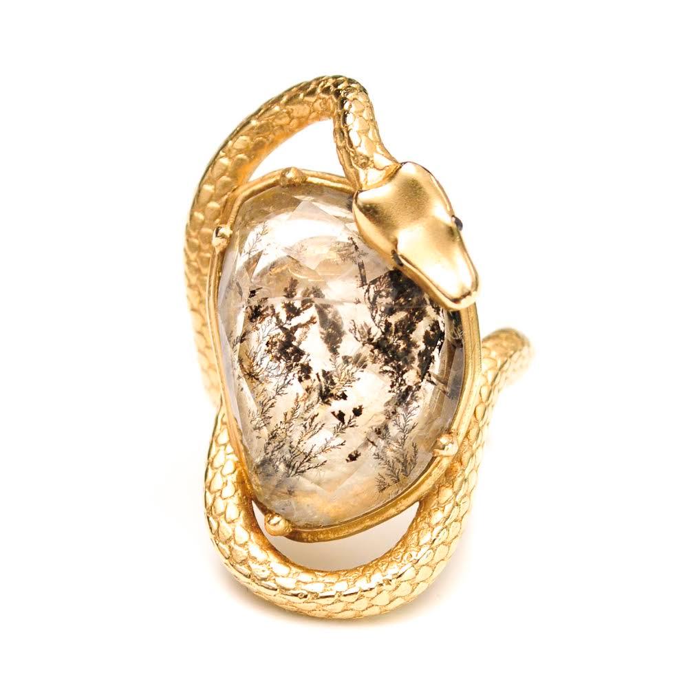 Serpents symbolize transformation and healing, Dendrite Agate represents security and self-confidence. Put those two together on a beautifully detailed 14KT yellow gold ring and you might as well be immortal.

* This extremely unique and one of a