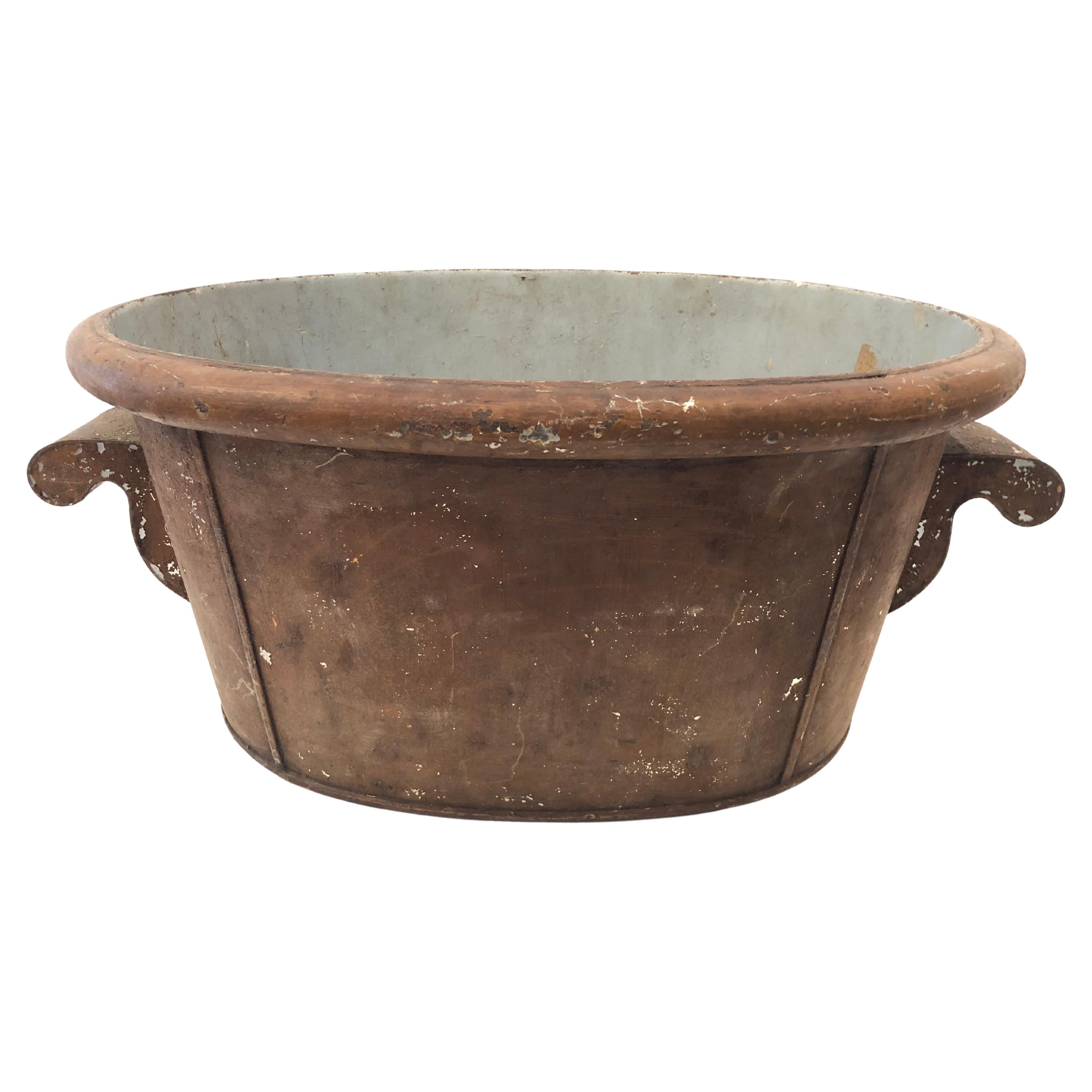 Magical Antique Metal Tole Wash Basin Centerpiece with Handles For Sale