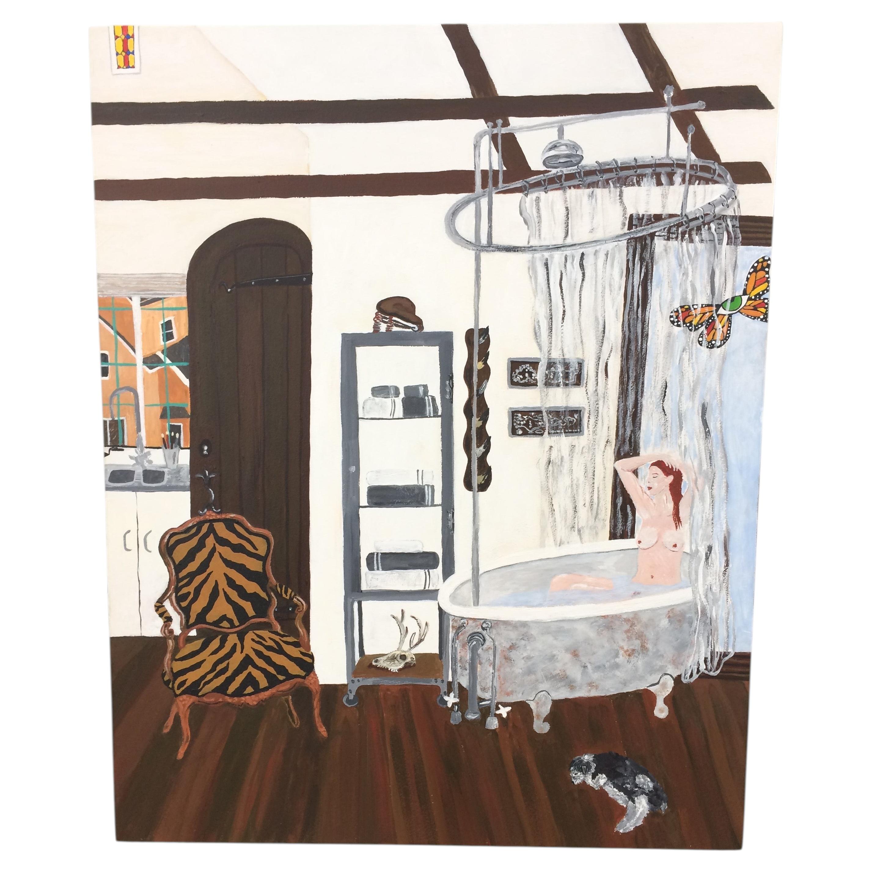 Magique peinture d'art populaire contemporaine d'un artiste dans la baignoire d'un studio